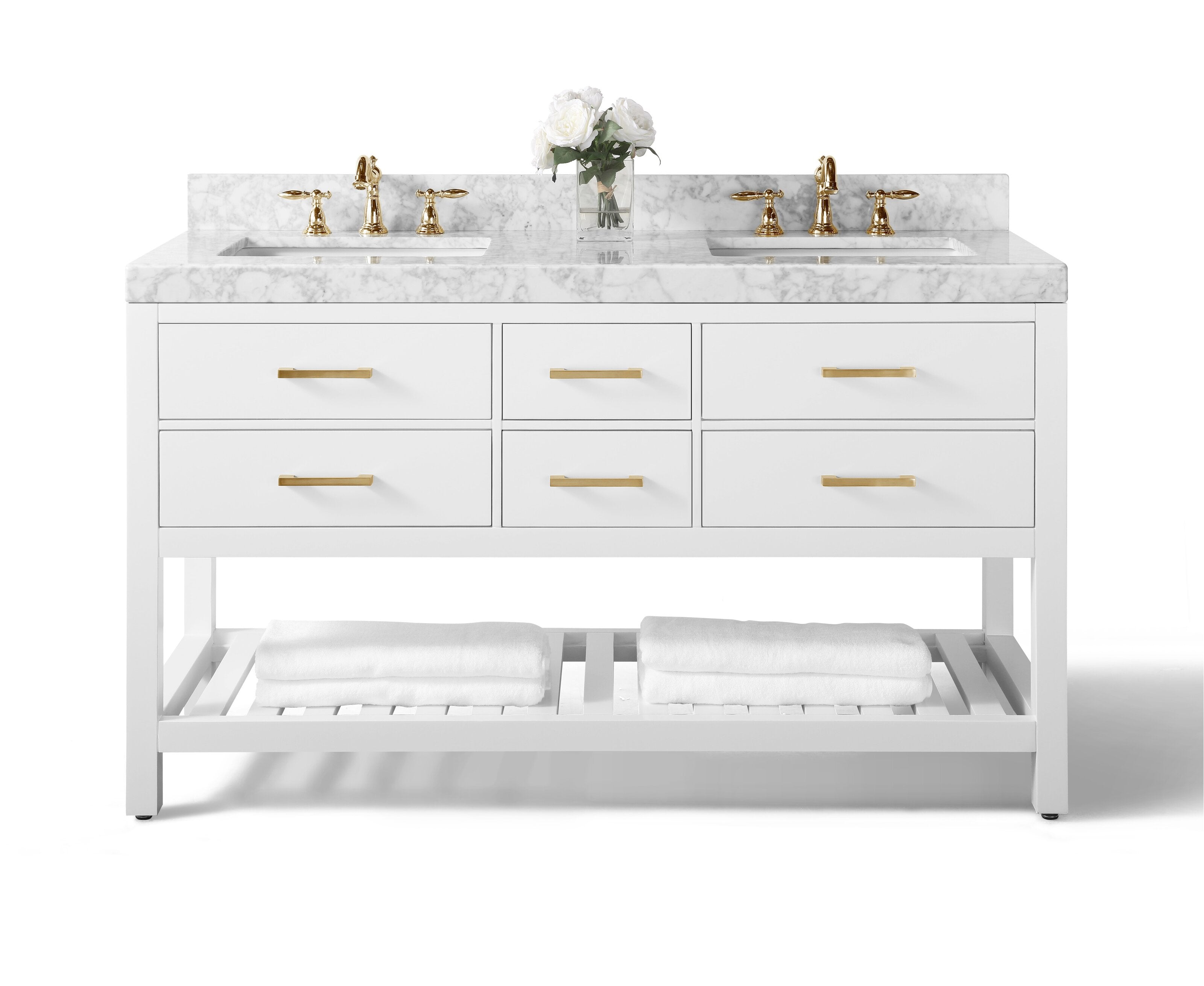 Modern solid wood 60-inch freestanding double-sink bathroom vanity with a stone top, white wooden base, six drawers with gold handles, matching gold faucets and a lower slatted shelf holding folded white towels.