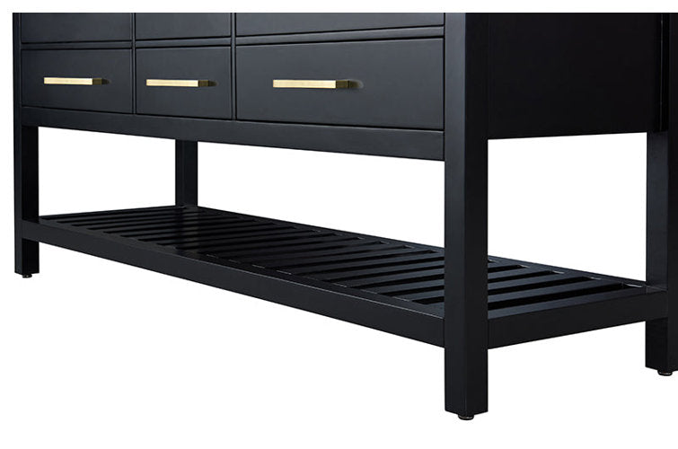 Close-up of the lower section of a 60-inch solid wood stone-finish vanity showing three drawers with brushed gold pulls, a slatted open shelf and square legs in a modern contemporary style.