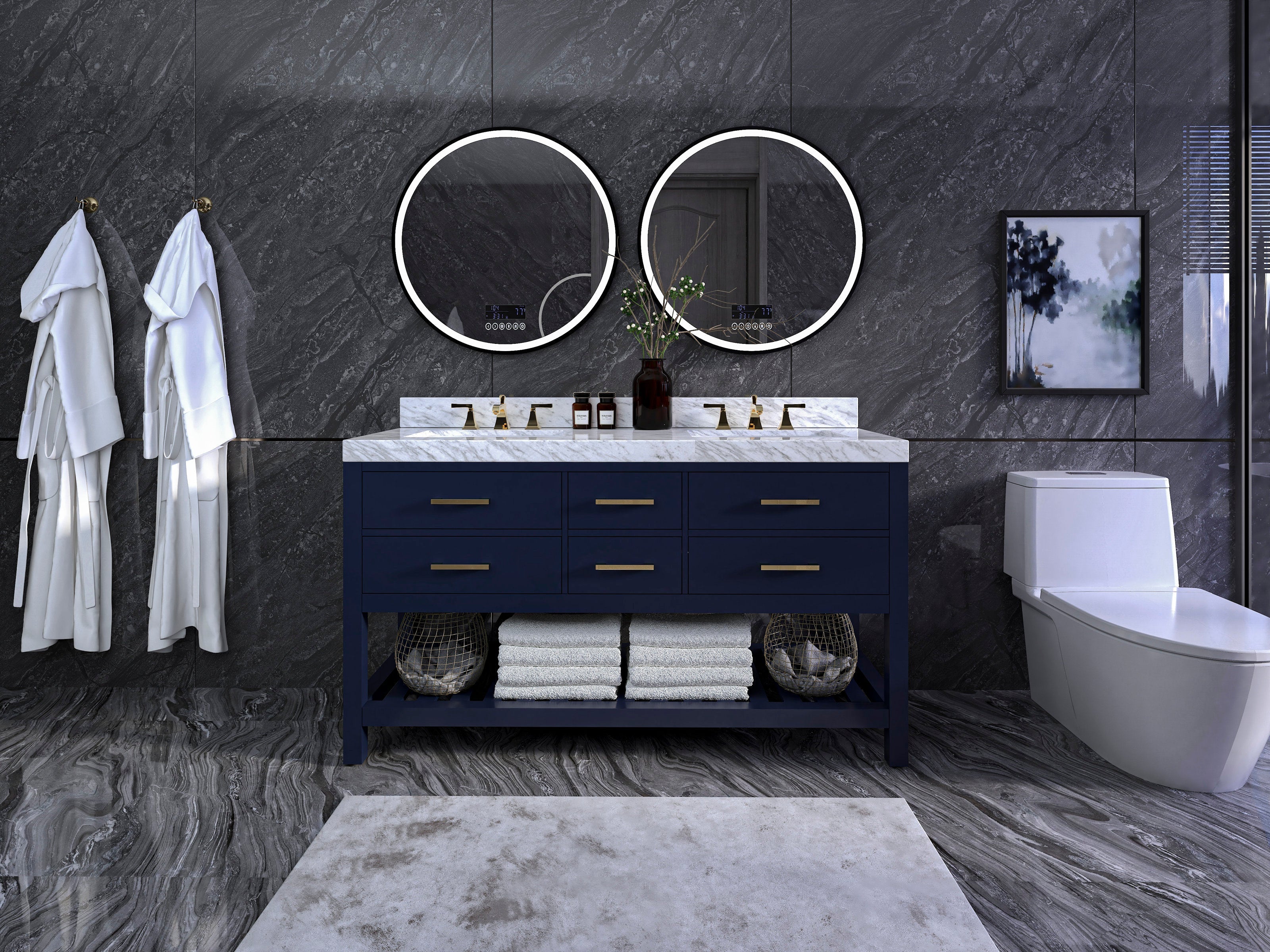 60-inch solid wood double-sink vanity in deep navy with a stone top, brass pulls and open lower shelf with folded towels, flanked by two backlit round mirrors on a dark stone wall.