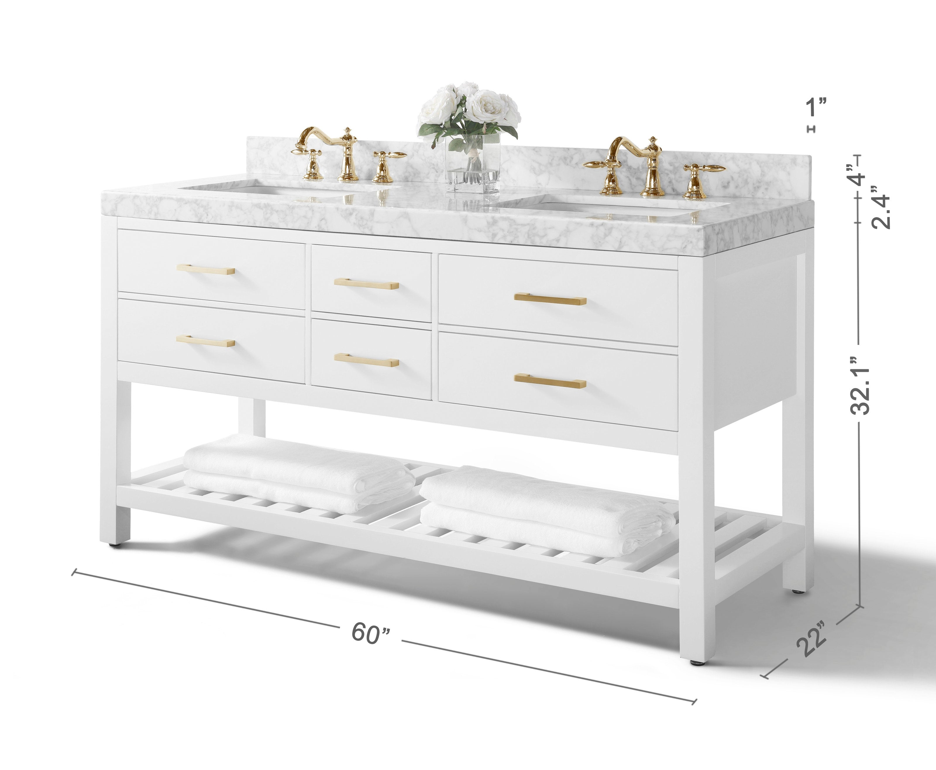 Freestanding 60-inch white solid wood double-sink bathroom vanity with marble-look stone top and backsplash, dual undermount sinks, polished gold faucets and pulls, six drawers and an open slatted shelf with folded towels.