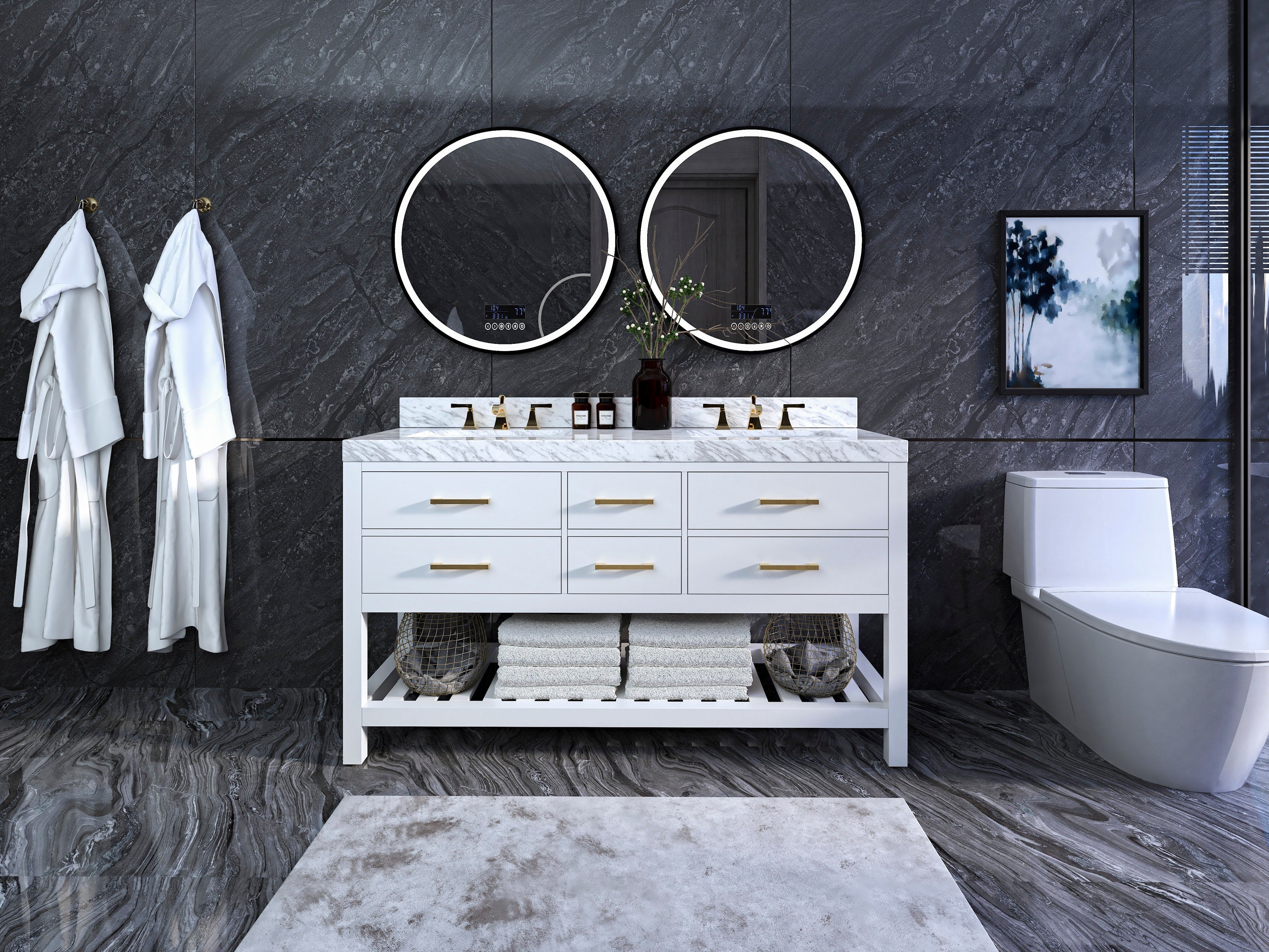 Contemporary white solid wood 60-inch double-sink vanity with stone marble top, brass faucets and gold drawer pulls, open lower shelf stacked with towels, and two round backlit mirrors against a dark stone wall.