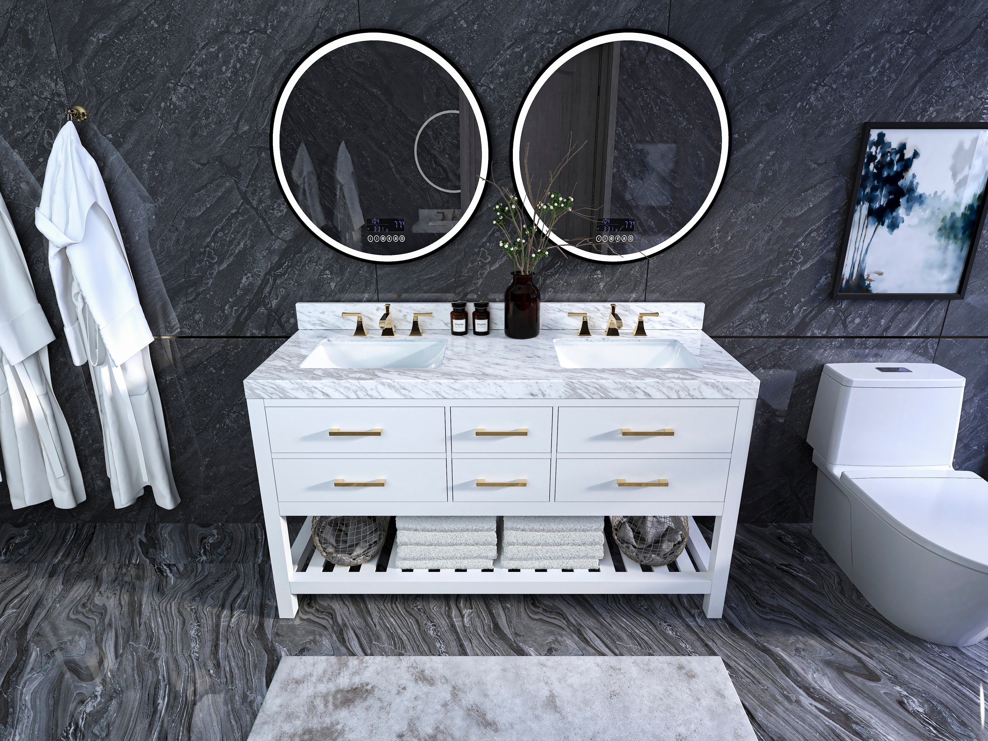 Freestanding white solid-wood double sink vanity with stone countertop, two undermount ceramic sinks, brushed-gold faucets and drawer pulls, round LED mirrors, and open slatted shelf with towels and woven baskets.