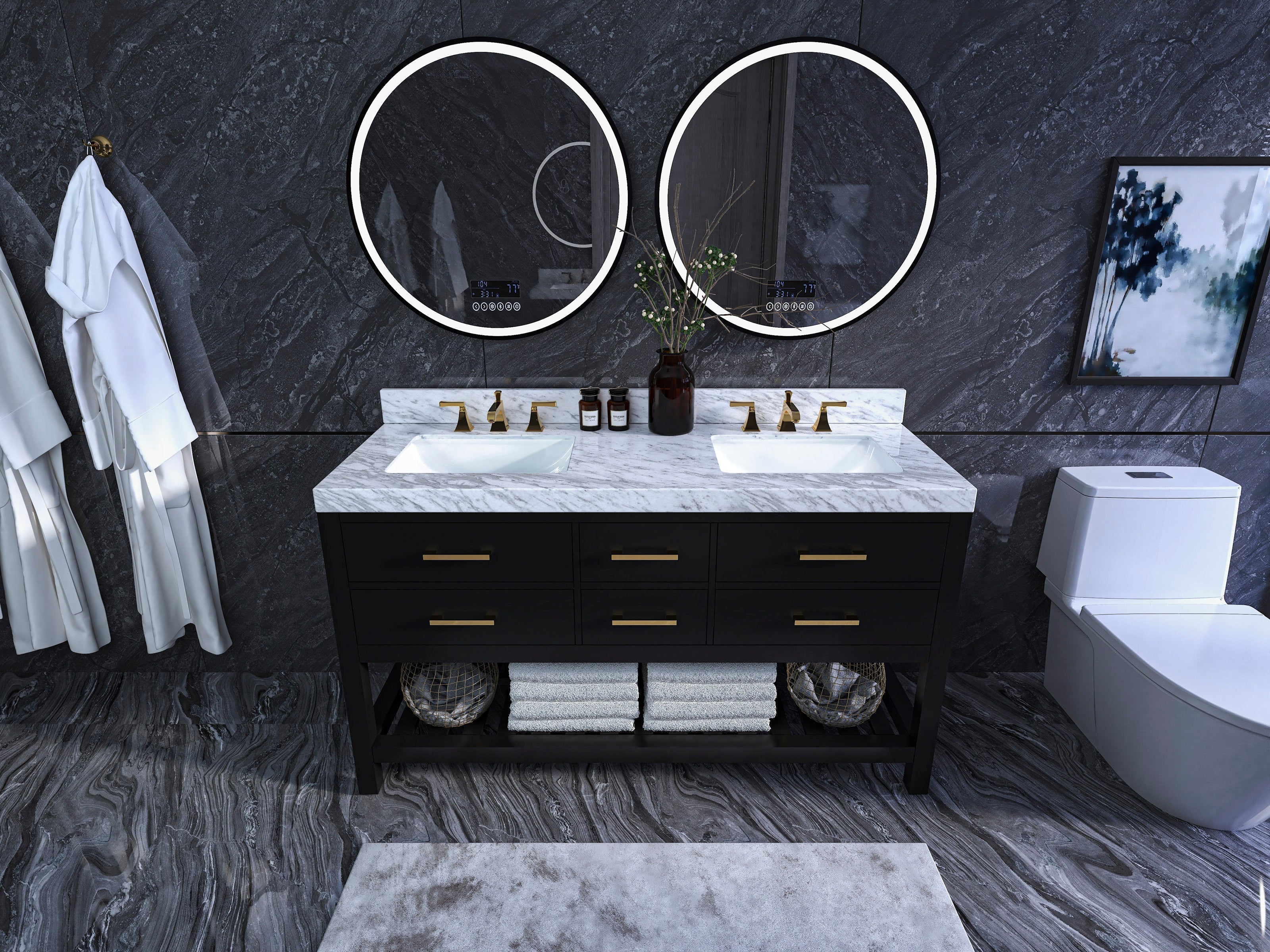 Modern solid wood 60-inch double-sink bathroom vanity with white stone top and undermount sinks, black wooden base, brushed gold faucets and drawer pulls, two round LED mirrors and open shelf with towels.