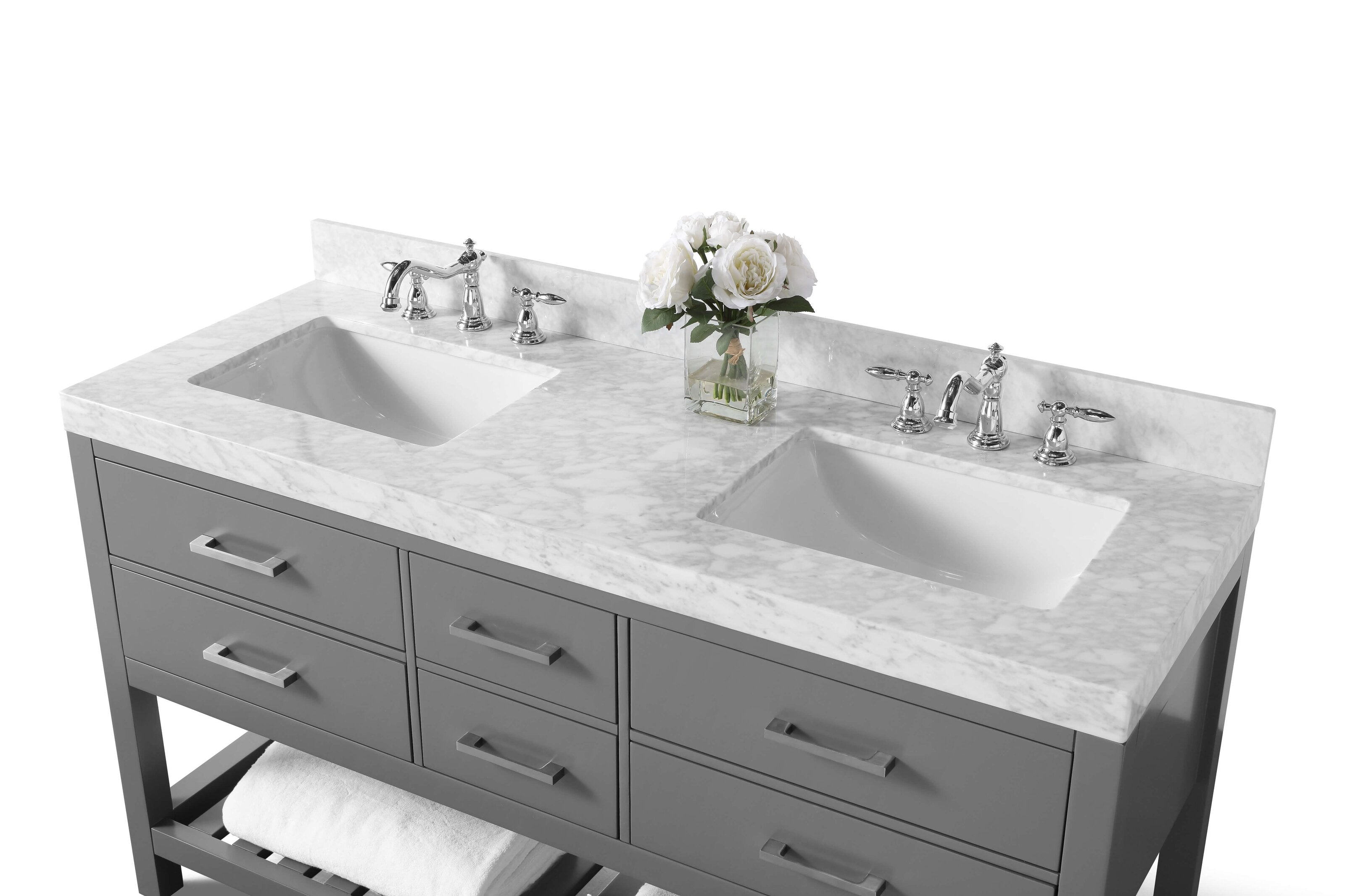 60-inch modern solid wood double sink vanity with a stone marble top, two rectangular undermount ceramic sinks, chrome widespread faucets, gray-painted drawer base, open lower shelf with towel and glass vase of white roses.