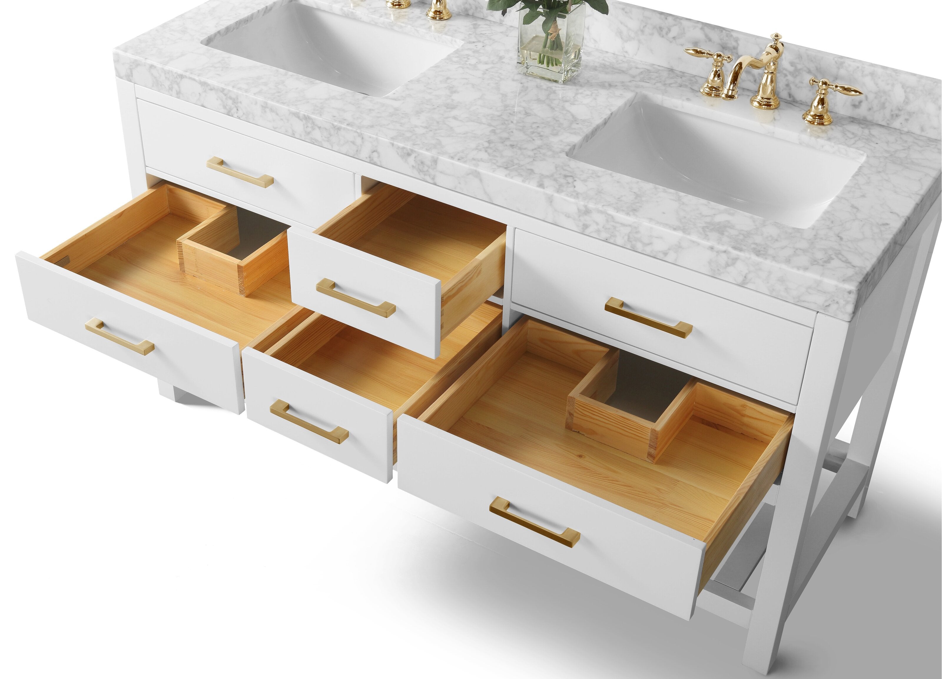 Freestanding 60-inch modern double-sink vanity with stone marble top, two white ceramic undermount sinks, gold faucets and drawer pulls, white solid wood base and open drawers showing natural wood interiors and plumbing cutouts.