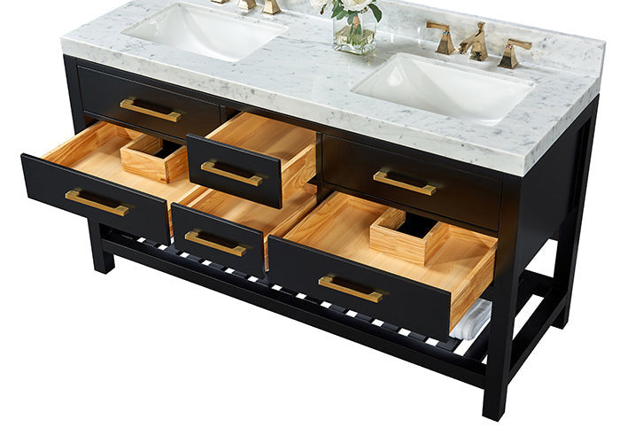 Freestanding solid wood double-sink vanity with white stone countertop and two rectangular ceramic sinks, black painted base, six open drawers showing natural wood interiors and built-in trays, brushed-gold handles and slatted shelf.
