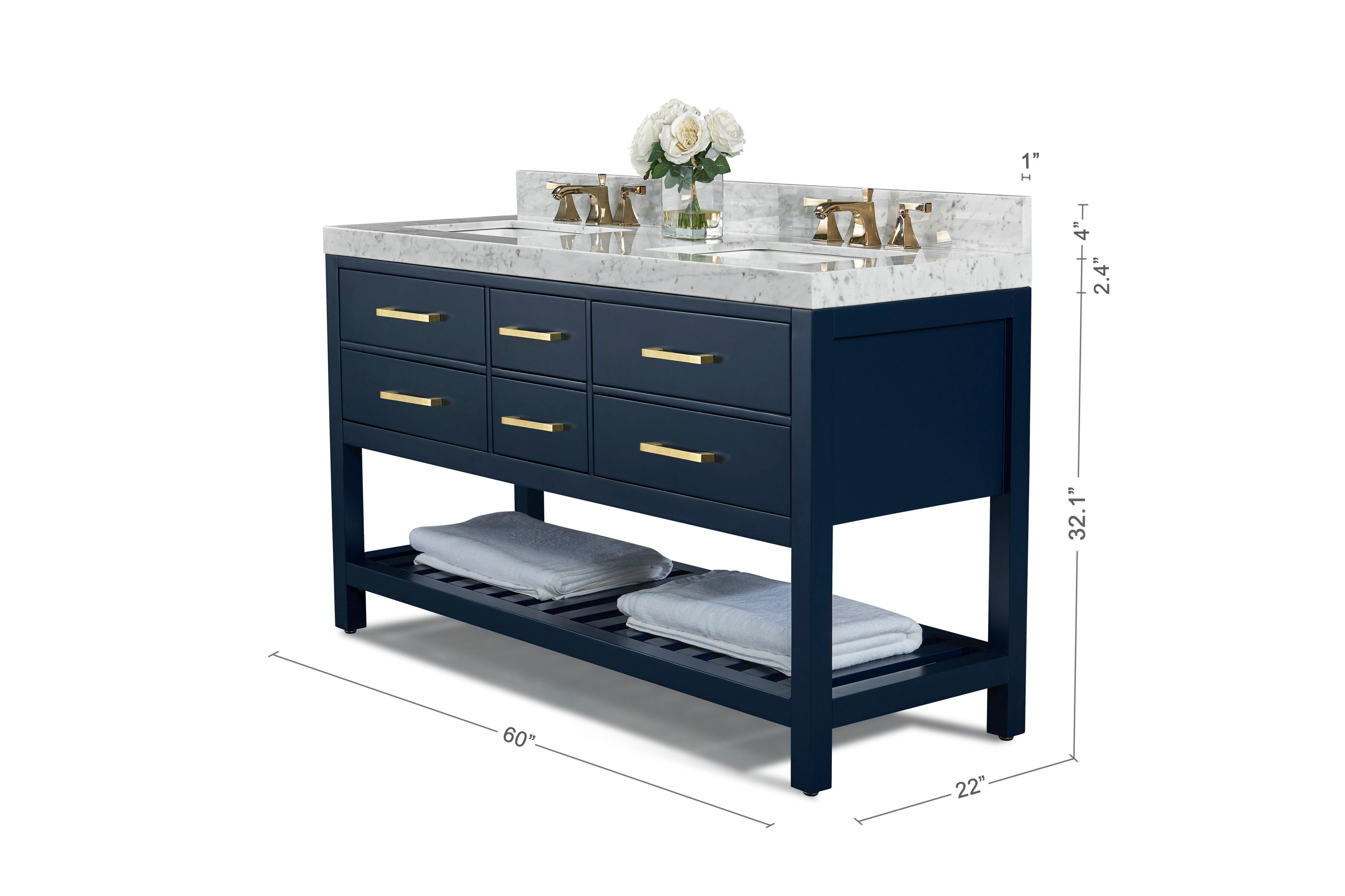 60-inch modern solid wood bathroom vanity with a stone marble top, two ceramic undermount sinks, brushed gold faucets and drawer pulls, navy-painted base with soft-close drawers and open slatted lower shelf holding folded towels.
