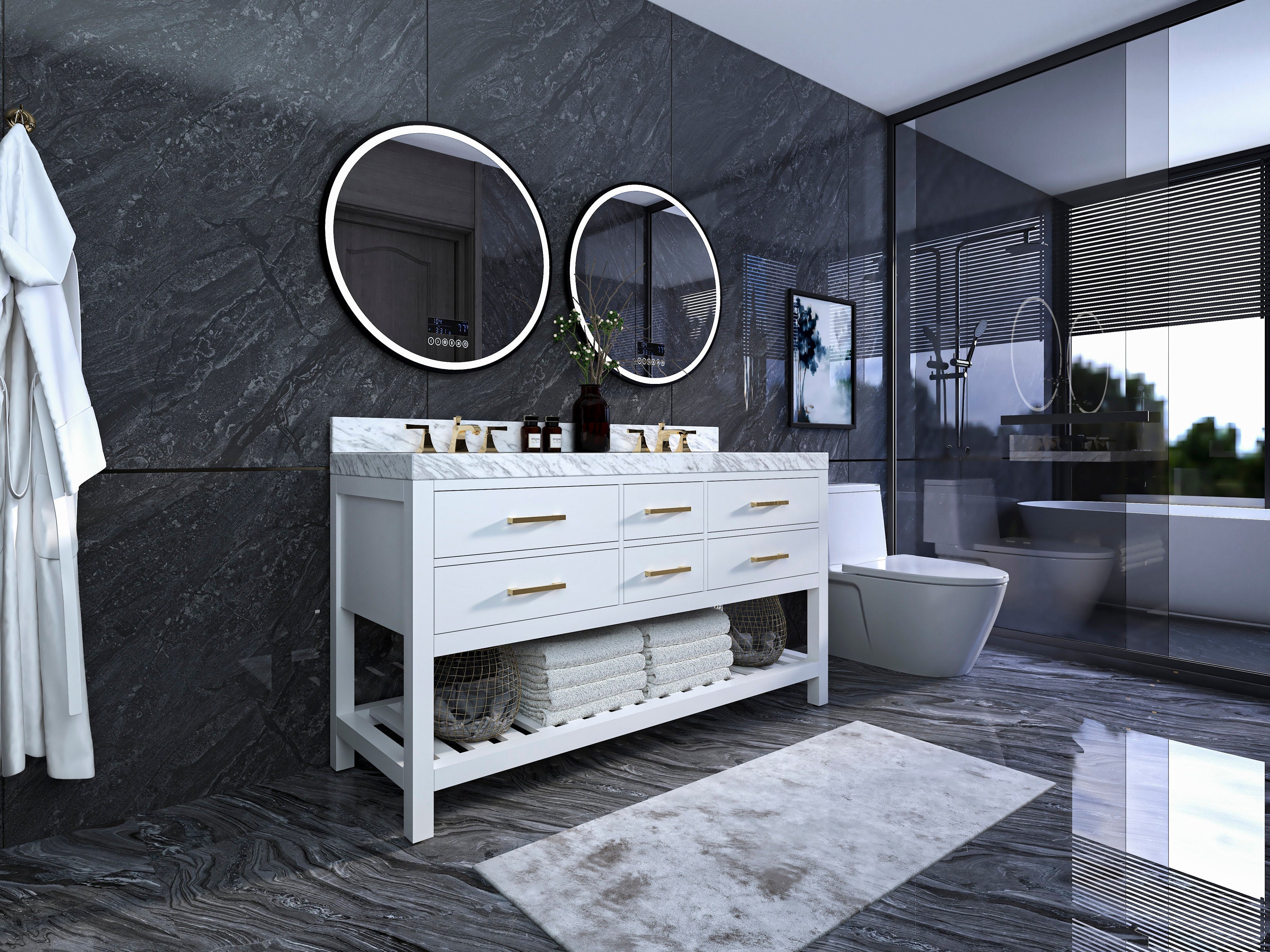 60-inch modern solid-wood double-sink vanity in white with a stone marble top and brass pulls, two round LED mirrors above, open lower shelf with folded towels, staged against dark stone walls beside a glass shower and toilet.