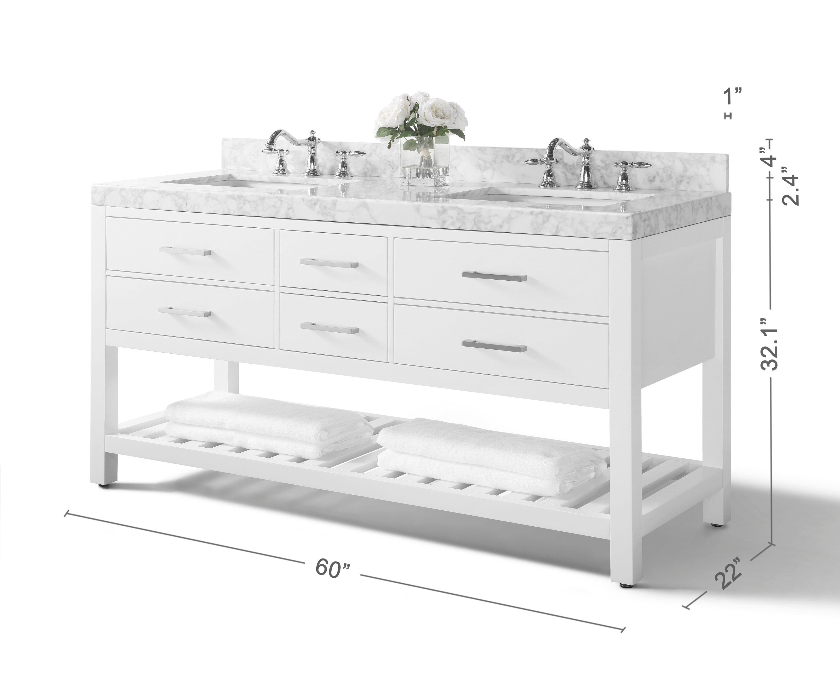 Modern solid-wood 60-inch double-sink bathroom vanity in stone finish with marble-look countertop, two undermount sinks, chrome faucets, six drawers and open slatted shelf with folded towels.