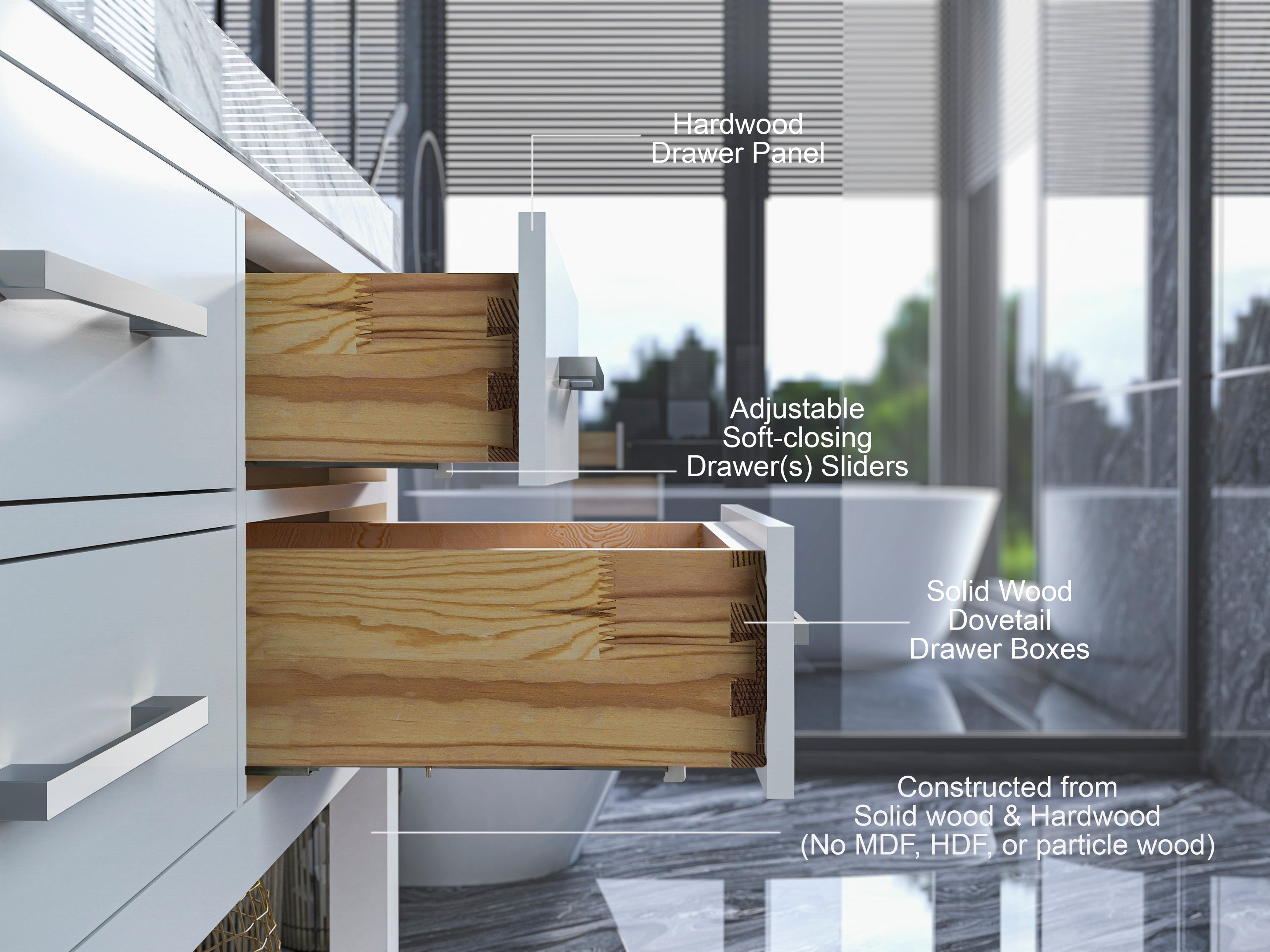 Close-up of two open solid wood dovetail drawer boxes in a modern stone-top white bathroom vanity, showing natural wood grain, white drawer fronts with metal bar handles and soft-closing sliders in a contemporary bathroom.