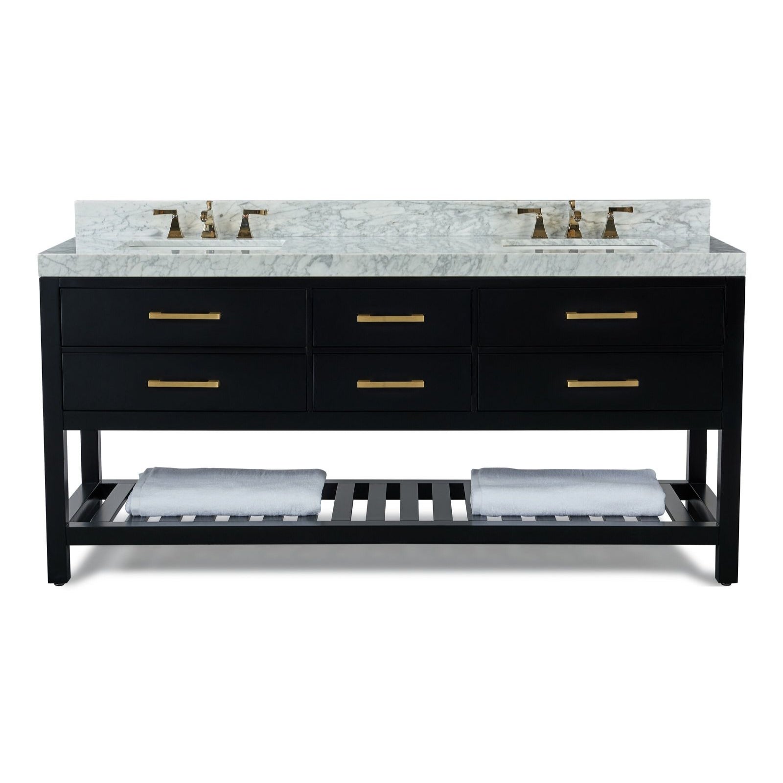 72-inch modern freestanding double-sink bathroom vanity with white marble stone top and backsplash, black solid wood base with six drawers, brass faucets and bar handles, and a slatted lower shelf with folded towels.