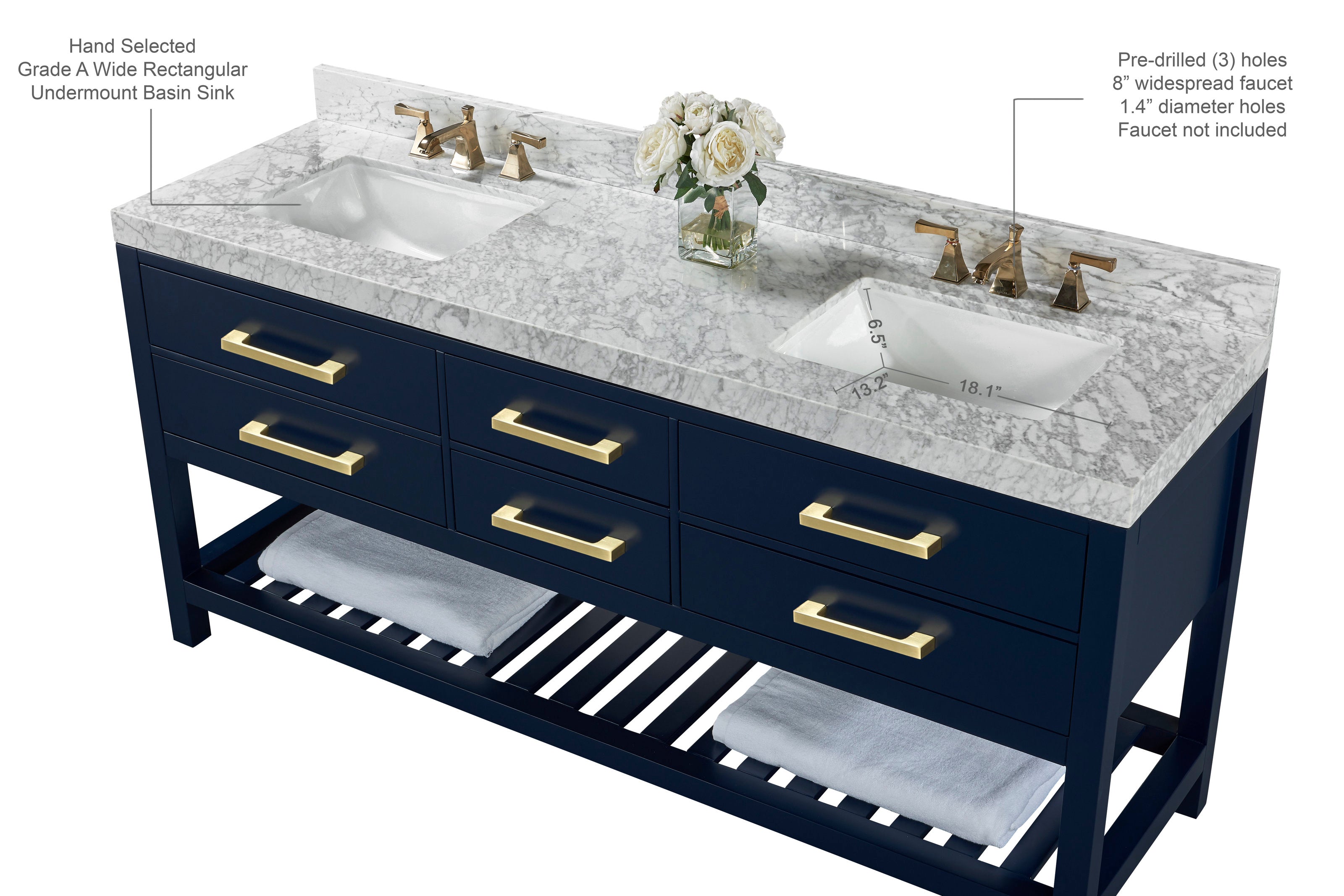 72-inch modern navy solid wood double-sink bathroom vanity with stone marble top, two white undermount ceramic sinks, brass-gold handles and faucets, six drawers and a slatted open shelf with folded towels.