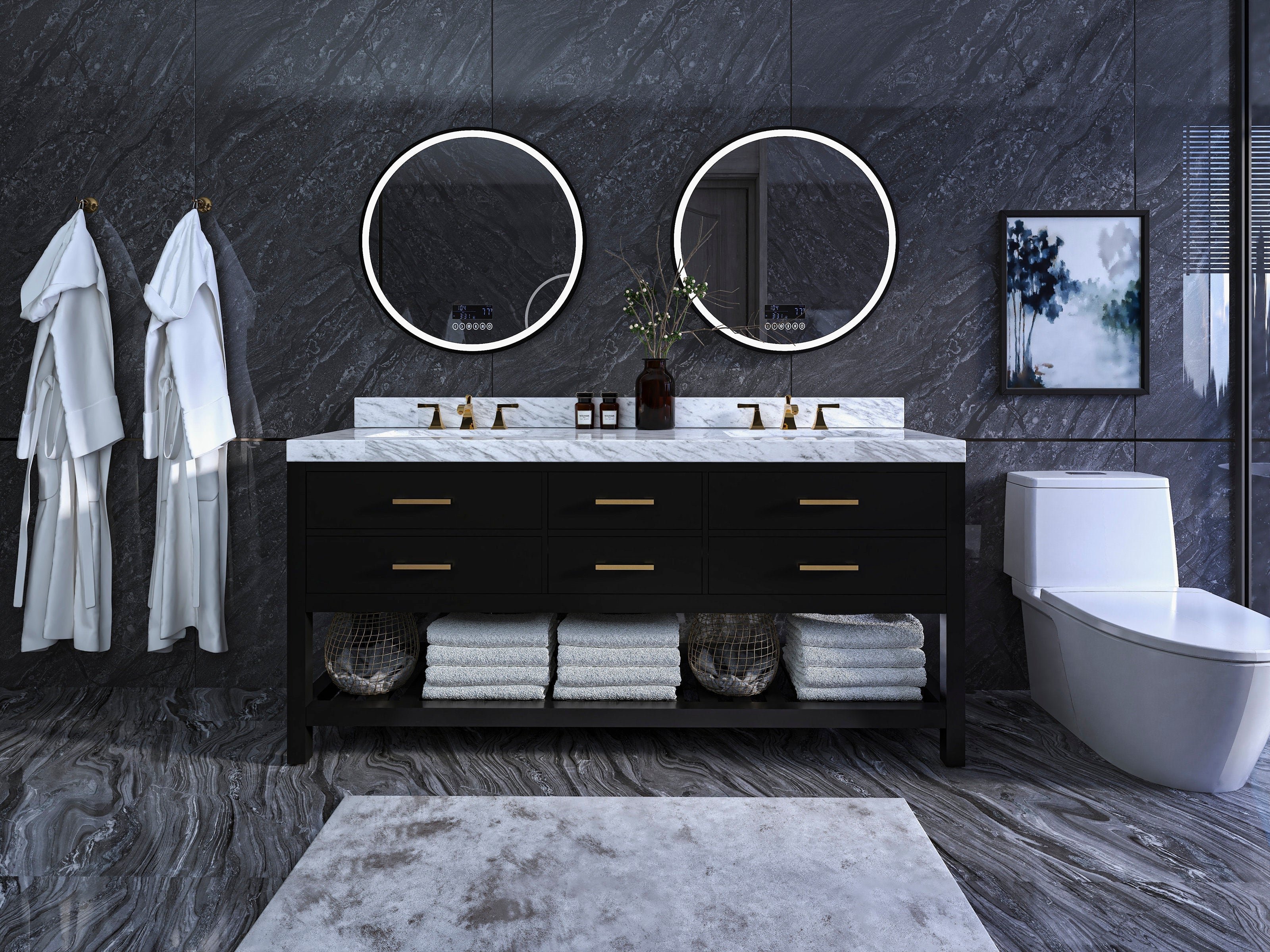 Modern 72-inch solid wood double-sink vanity with a white marble countertop, black/stone-finish base, brass faucets and drawer pulls, two round illuminated mirrors above, folded towels on the open lower shelf and dark stone walls.