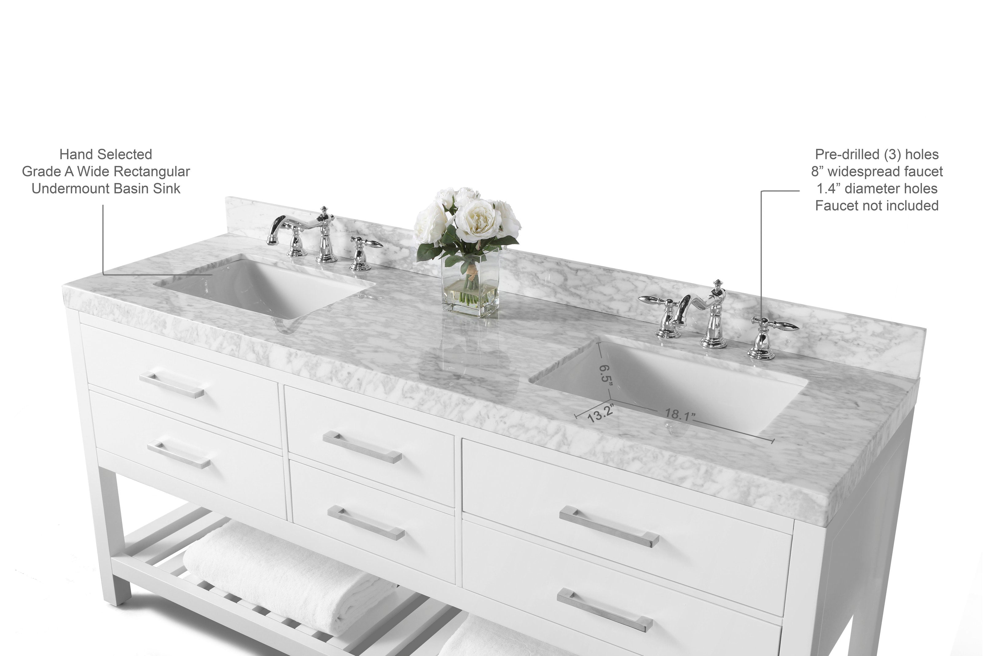 72-inch modern freestanding solid wood vanity in stone finish with a marble countertop, two undermount white ceramic sinks, chrome widespread faucets, six drawers and a slatted lower shelf with folded towels and a small vase of white roses.