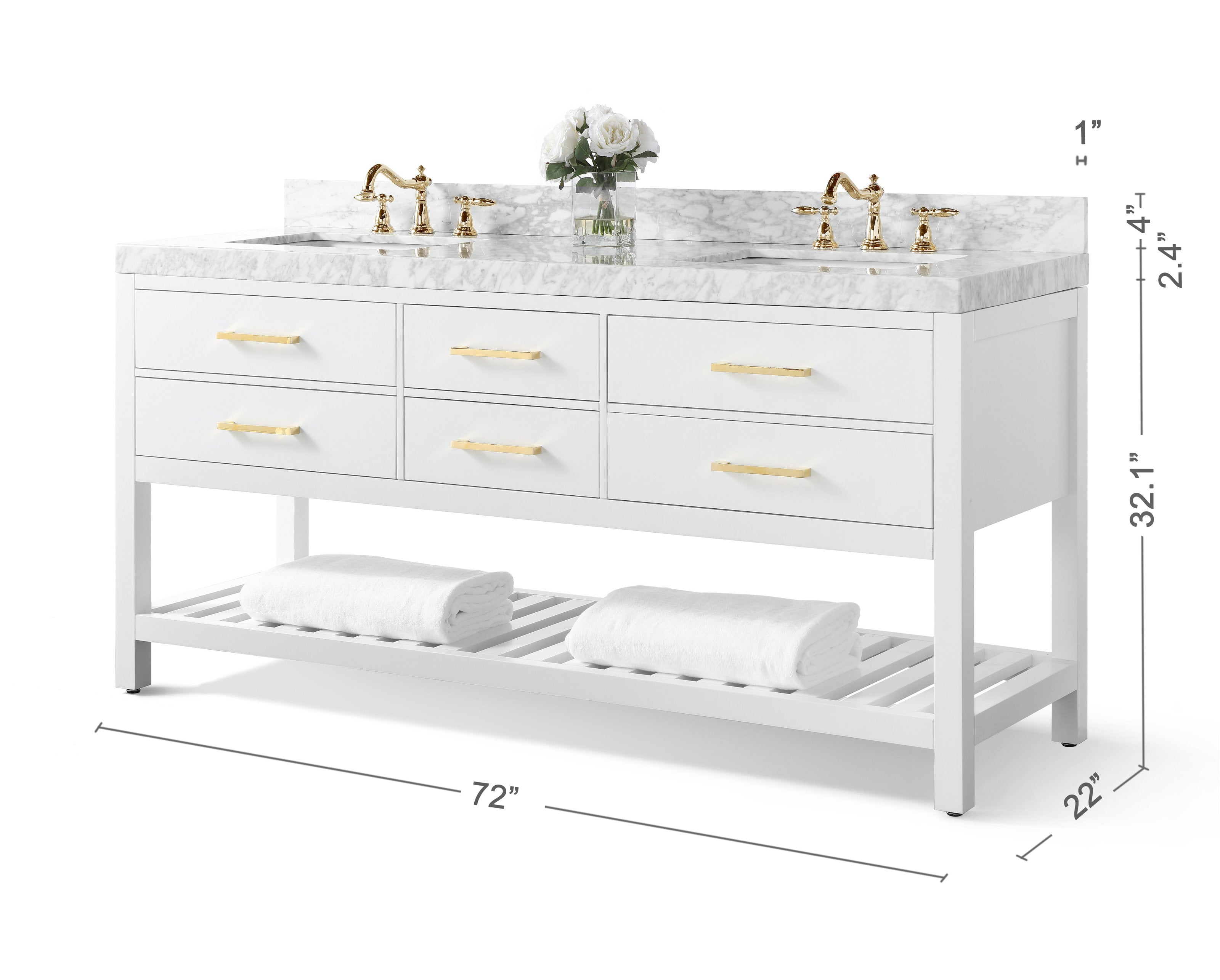 72-inch modern solid wood bathroom vanity in stone finish with marble top, two undermount white ceramic sinks, brass faucets and gold drawer pulls, and an open slatted bottom shelf styled with folded white towels.