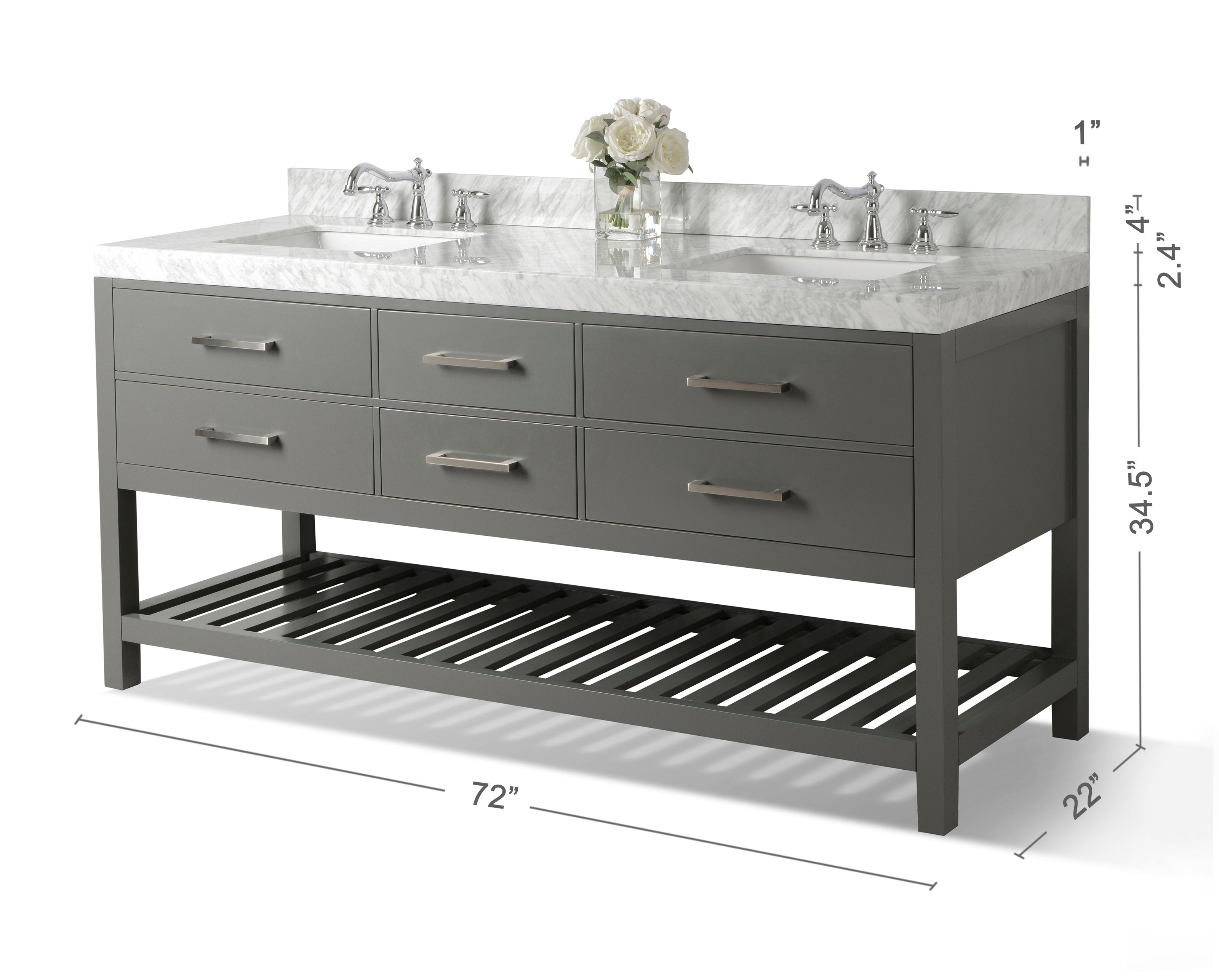 72-inch modern solid wood bathroom vanity in stone finish with a marble countertop, two undermount sinks, chrome faucets, six drawers with brushed metal pulls, and a slatted open shelf base.
