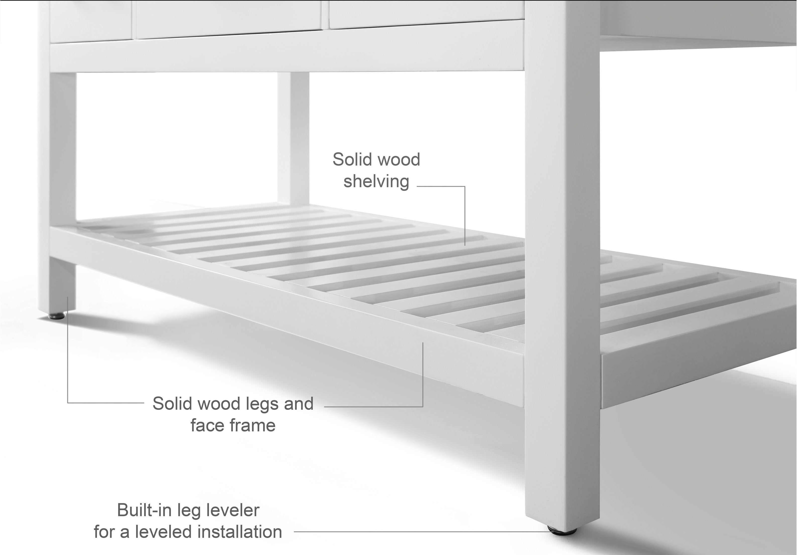 Close-up of the stone-finish modern bathroom vanity lower section showing a solid wood slatted shelf, solid wood legs and face frame, and a built-in adjustable leg leveler for a leveled installation.