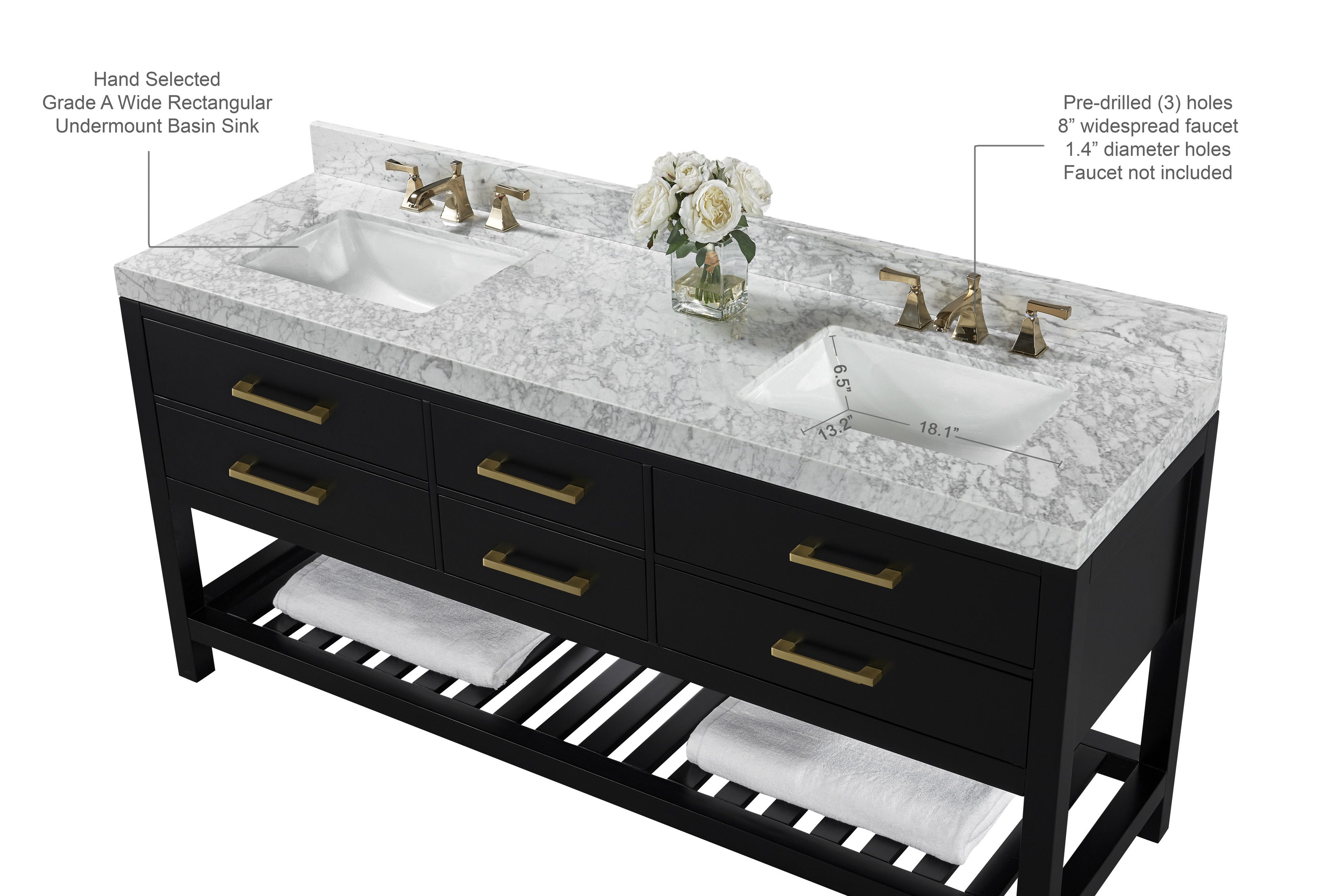 72-inch freestanding solid wood double-sink vanity in black with a stone marble top, two undermount white rectangular sinks, brass faucets and drawer pulls, six drawers and a slatted lower shelf with folded towels and a vase of white flowers.