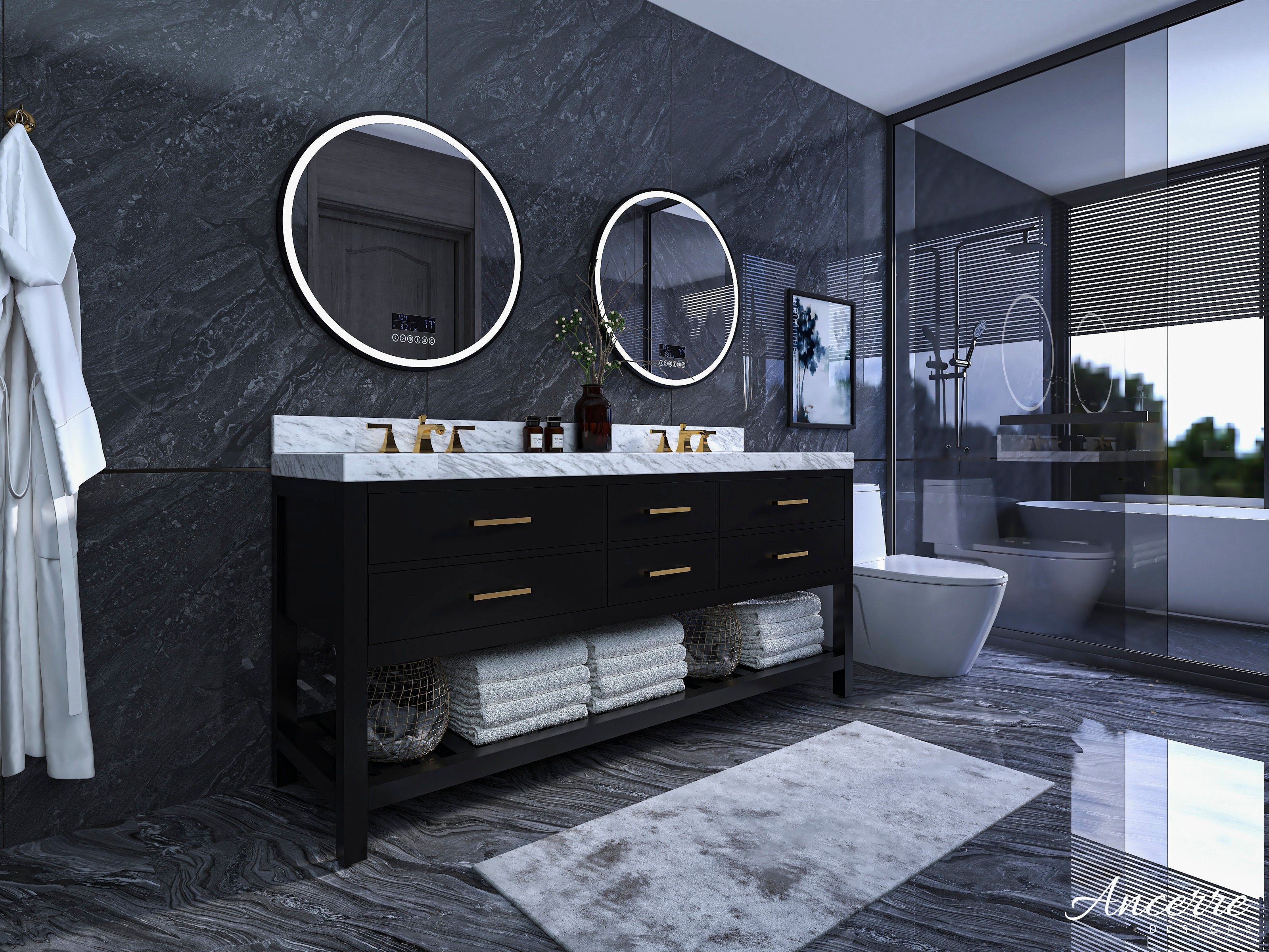 72-inch double-sink vanity in black solid wood with a stone-marble top, brass faucets and drawer pulls, illuminated round mirrors and an open towel shelf in a modern contemporary bathroom.