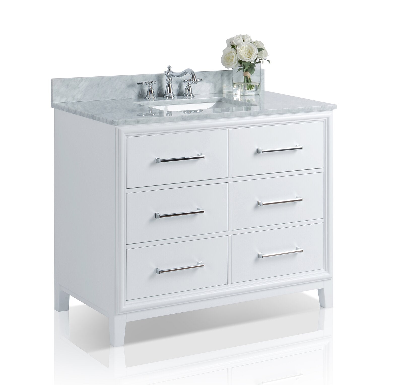 Modern 42-inch solid wood bathroom vanity in white with a stone countertop and backsplash, integrated ceramic sink, chrome faucet and six drawers with chrome bar pulls; freestanding styling with a small vase of white roses.