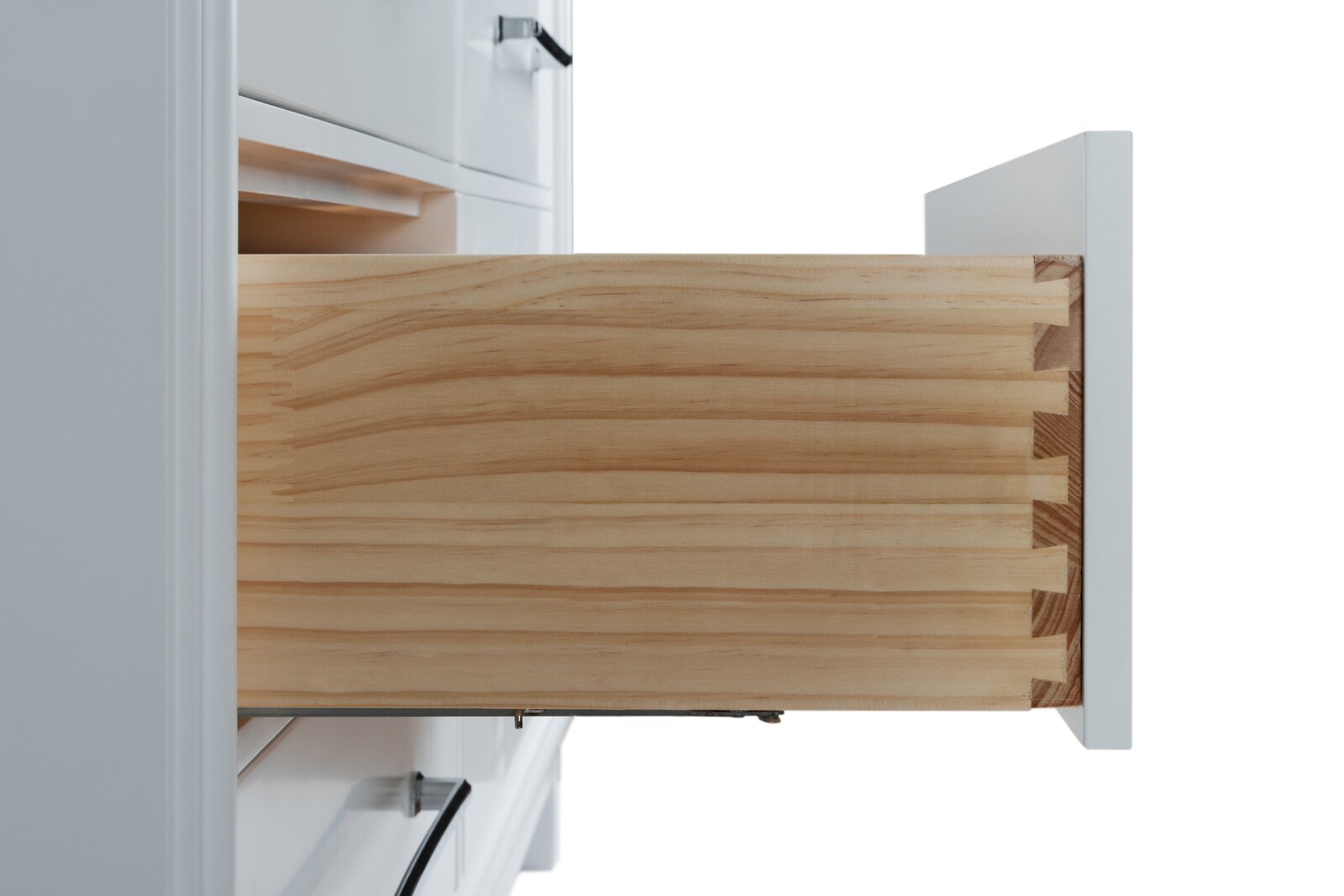 Close-up of a solid wood vanity drawer showing dovetail joinery and natural wood grain, white painted drawer front, and metal glide hardware — part of a modern 60-inch bathroom vanity.