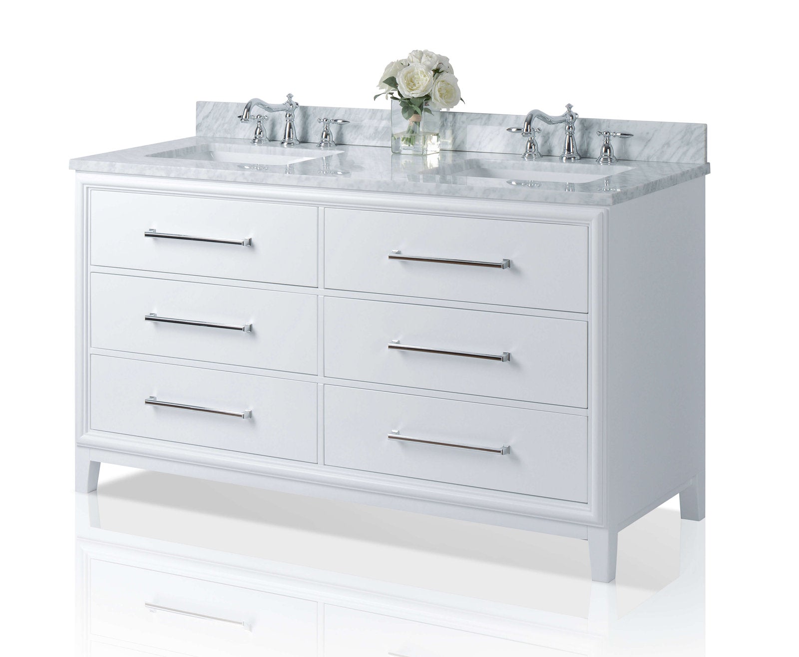 Modern 60-inch solid wood double-sink bathroom vanity in stone finish with light marble stone top, two undermount ceramic sinks, chrome faucets, six drawers with long chrome pulls, tapered legs and a small vase of white flowers.