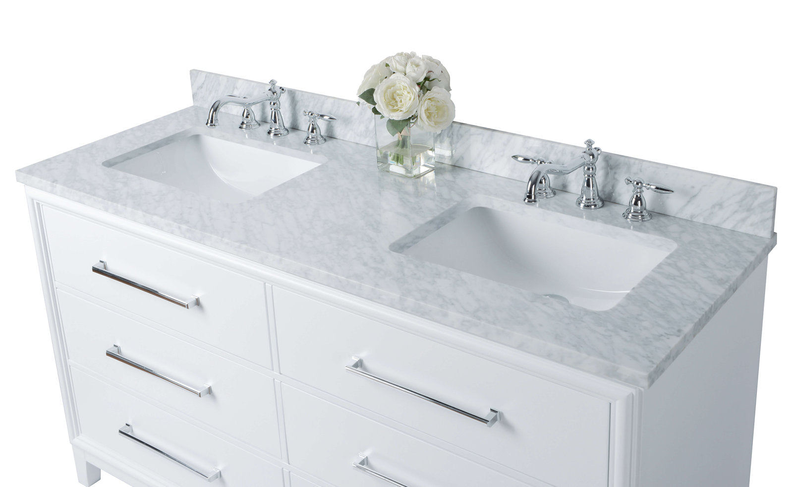 60-inch freestanding white solid-wood bathroom vanity with stone marble-look countertop, two rectangular undermount ceramic sinks, polished chrome widespread faucets and bar drawer pulls, and a small vase of white flowers.