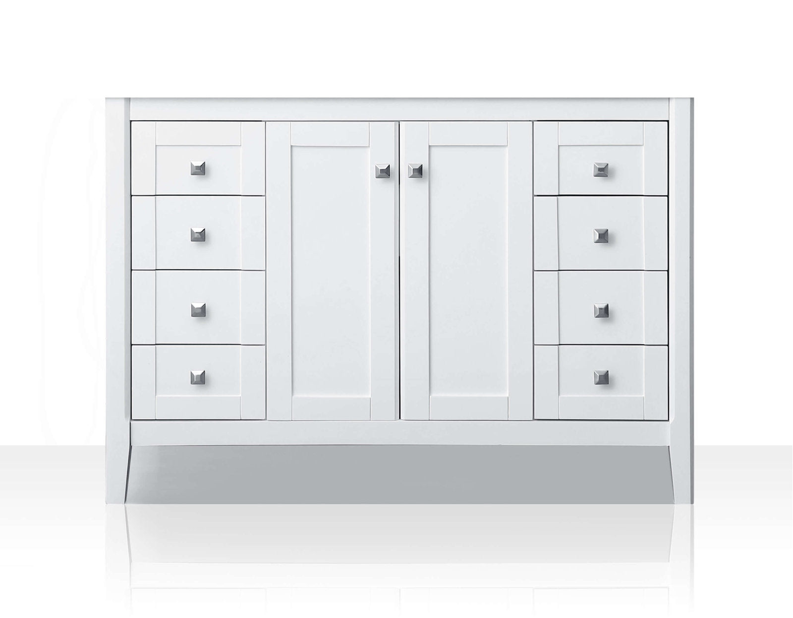 48-inch freestanding modern solid wood bathroom vanity in stone finish with stone top, central double doors and three stacked drawers on each side, each fitted with square metal knobs.