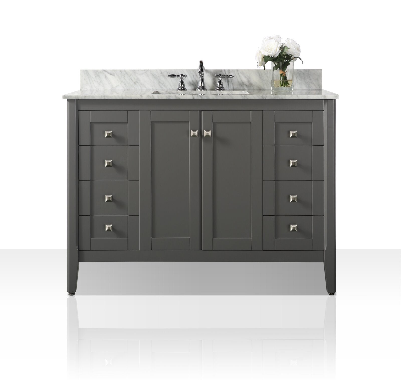 48-inch modern bathroom vanity with marble stone top and backsplash, single under-mount ceramic sink and chrome faucet, gray solid wood base with two center doors and four drawers per side, square metal knobs and white flowers.