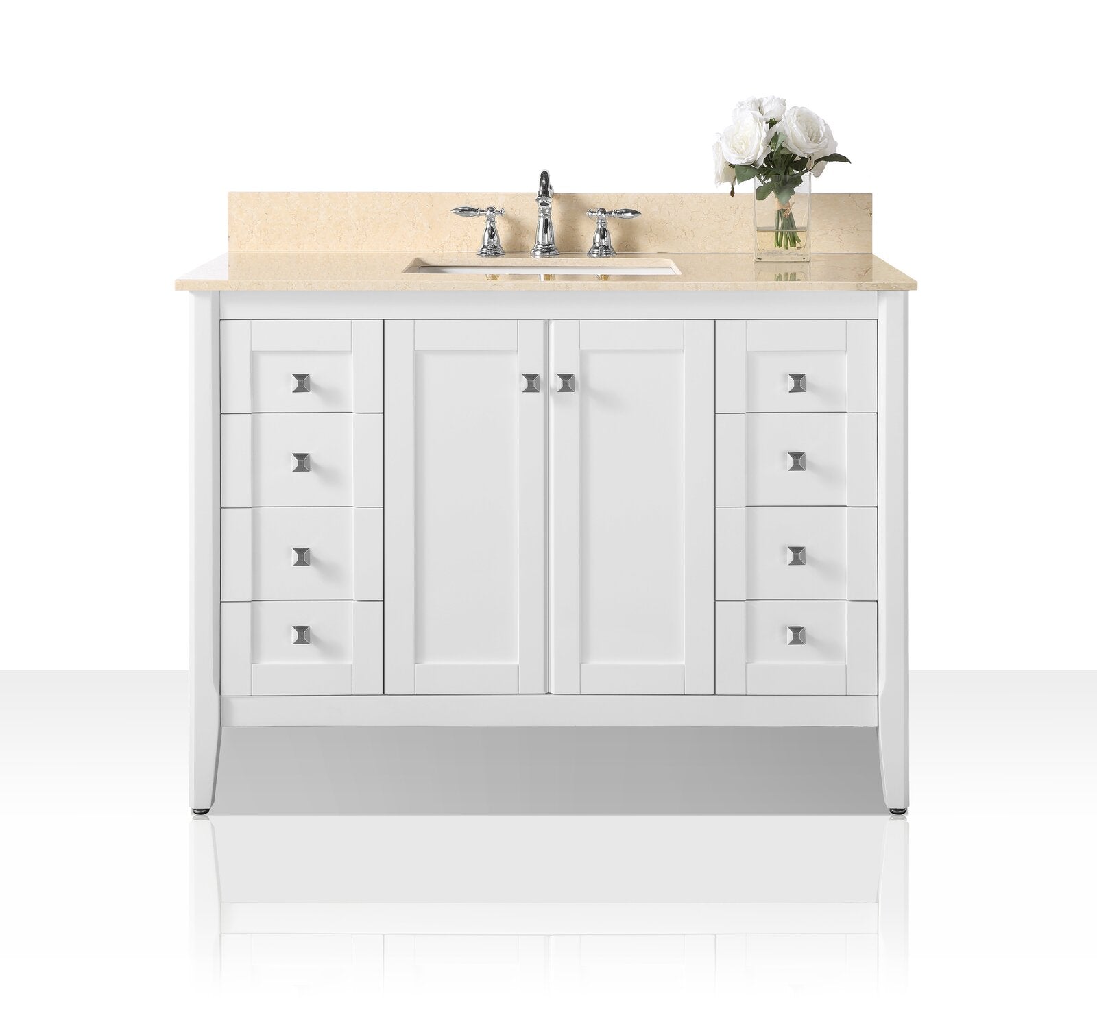 48-inch contemporary white solid-wood vanity with a stone marble top and backsplash, rectangular undermount ceramic sink, chrome center faucet, two cabinet doors flanked by stacked drawers with square chrome knobs and a vase of white flowers.