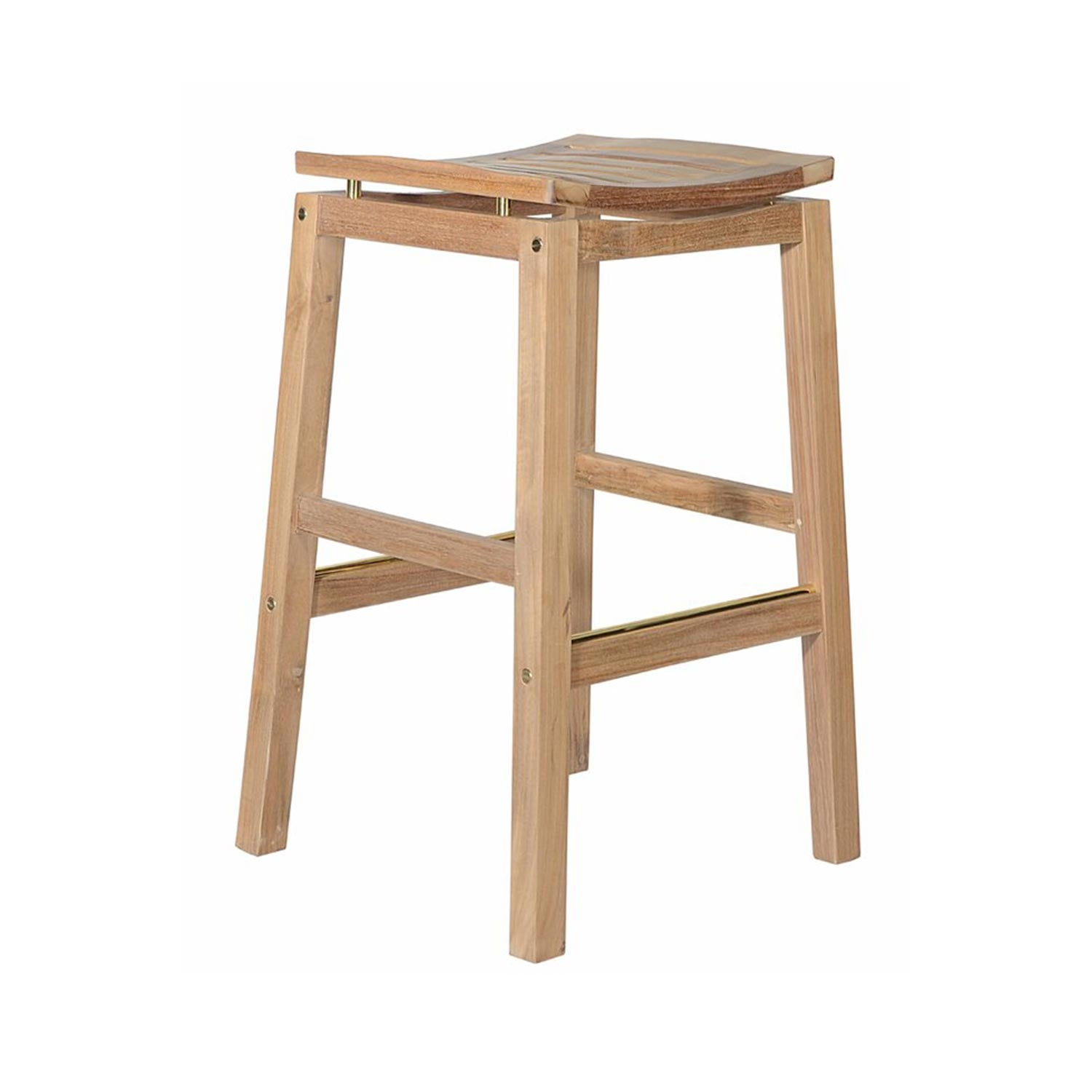Backless teak outdoor bar stool with a gently curved slatted seat in a natural finish, four square legs with cross stretchers and brass-accented footrest for coastal patio seating.