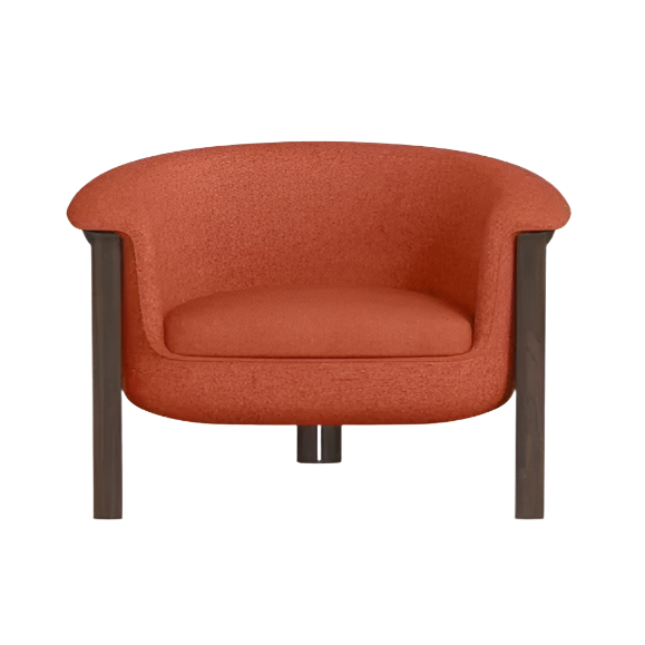 Front view of a modern orange upholstered accent chair with a curved back, cushioned seat and dark wood legs, shown on a white background.