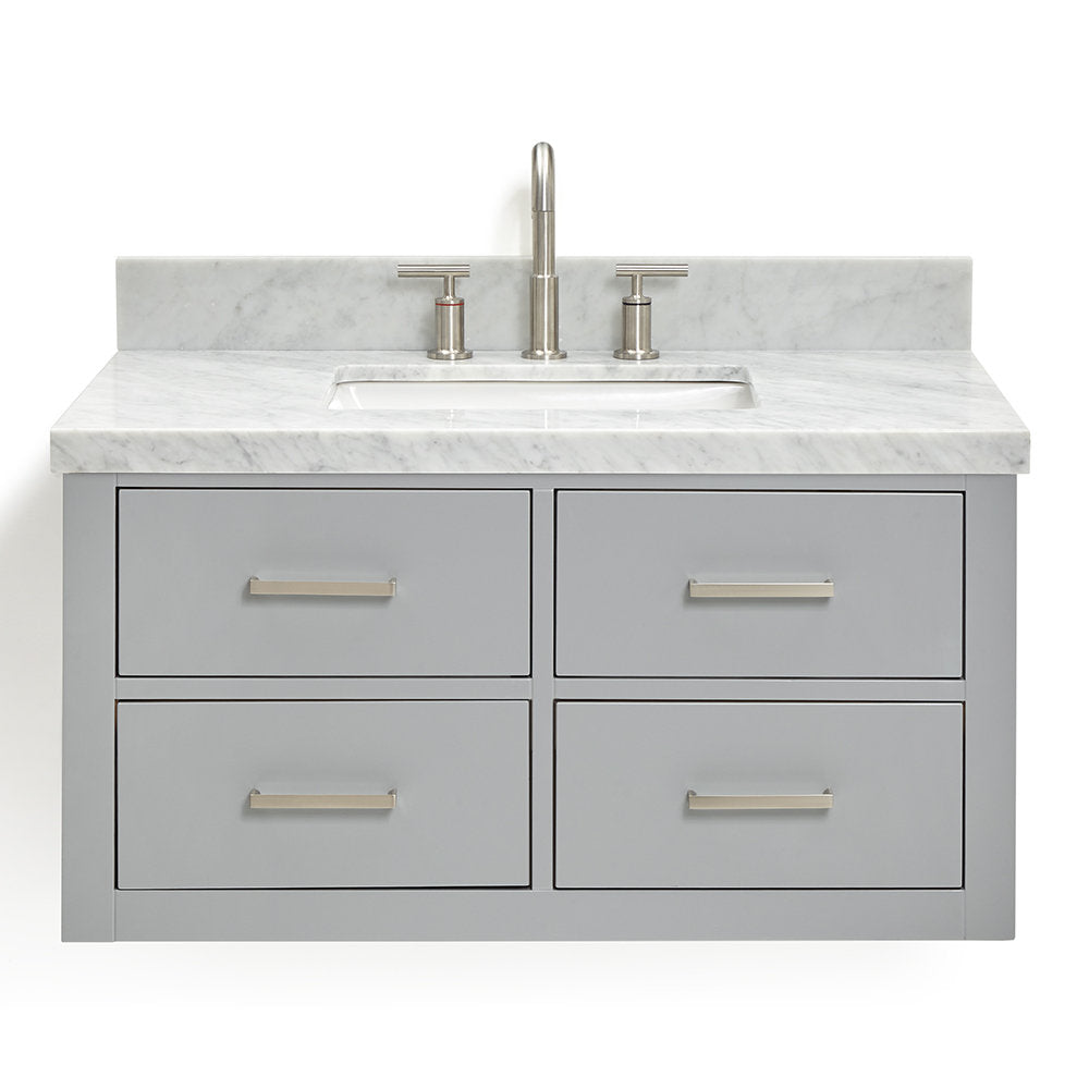 Front view of a 37-inch modern gray solid wood bathroom vanity with a white marble stone countertop and short backsplash, undermount rectangular white ceramic sink, brushed nickel faucet, and four drawers with brushed nickel T-bar pulls.