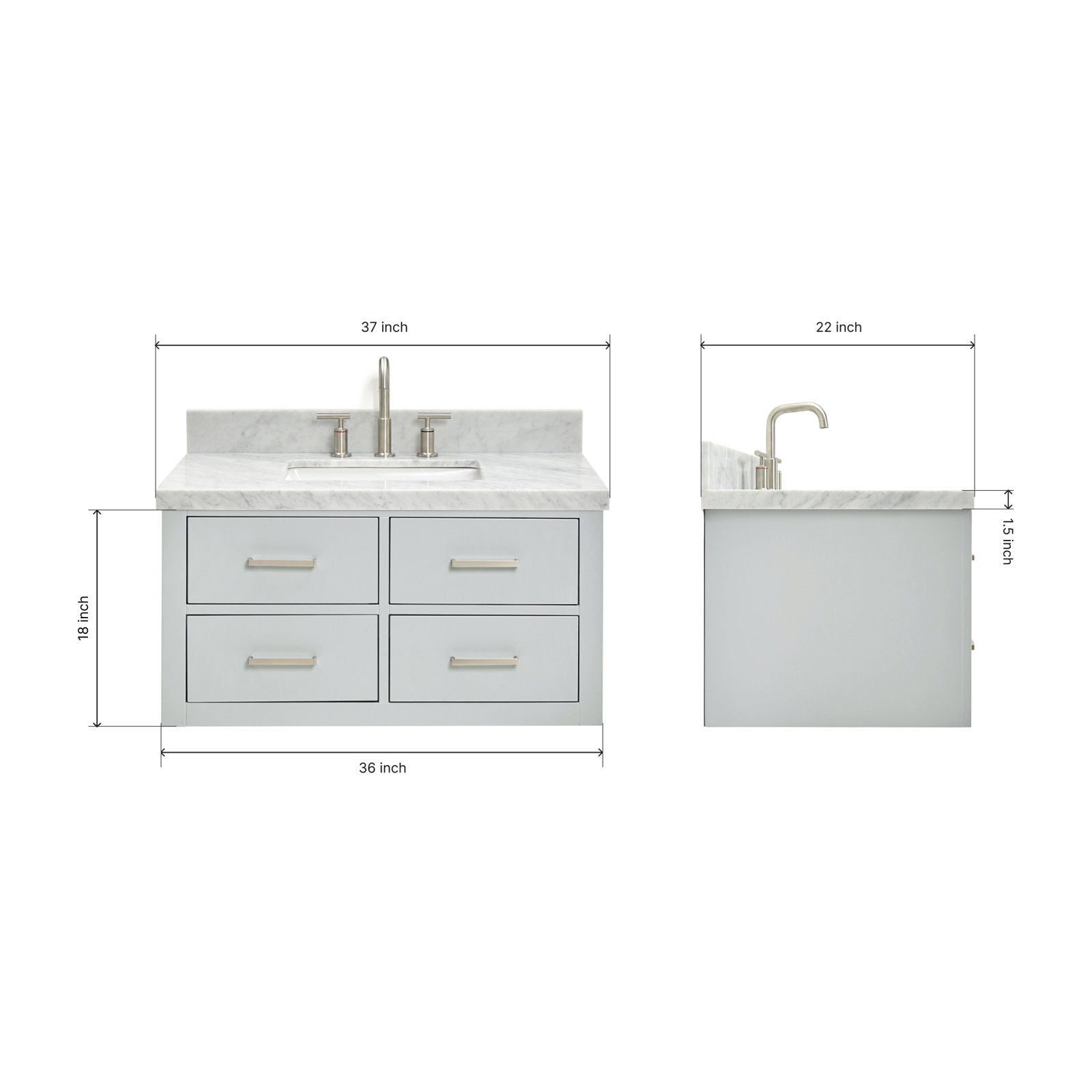 Front and side views of a 37 in modern solid wood bathroom vanity in stone-gray finish with a stone countertop, integrated ceramic sink, brushed nickel faucet and four soft-close drawers; annotated dimensions show 37 in by 22 in.