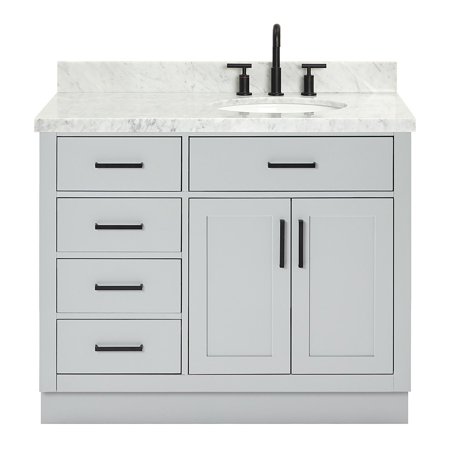 Front view of a 43-inch stone-colored solid wood bathroom vanity with a white stone top and undermount ceramic sink, matte black faucet and matching black bar handles, four left drawers and a double-door cabinet on the right.