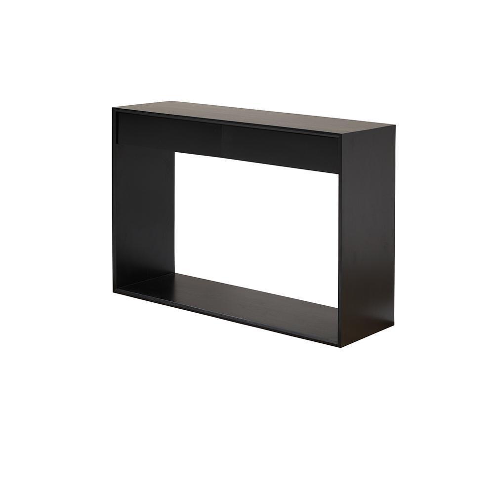 Minimalist modern console table in black mahogany wood with an open rectangular frame, top surface, bottom shelf and slim hidden drawer, photographed on a white background.