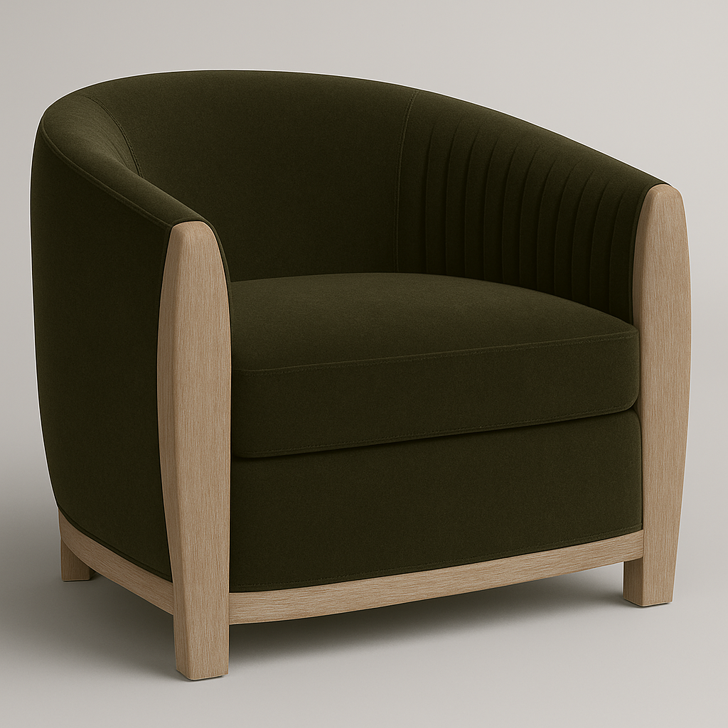 Olive green velvet barrel accent chair with a cushioned seat, vertical channel stitching on the inner back, and a natural wood frame with exposed wooden arms and tapered legs.