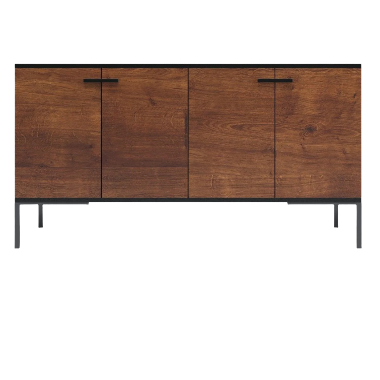 Mid-century modern teak sideboard with four doors, warm natural wood grain finish, slim black iron handles and black metal legs, shown against a white background.
