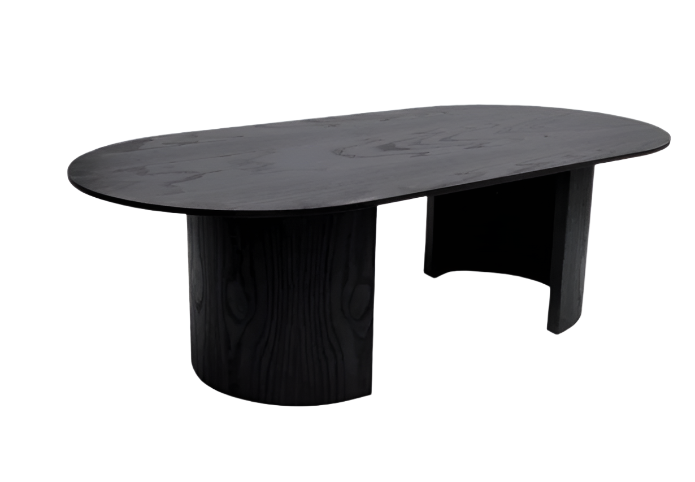 Black mahogany solid-wood oval dining table with a smooth top and two sculptural pedestal bases—one cylindrical and one curved panel—showcasing a modern, minimalist contemporary design.