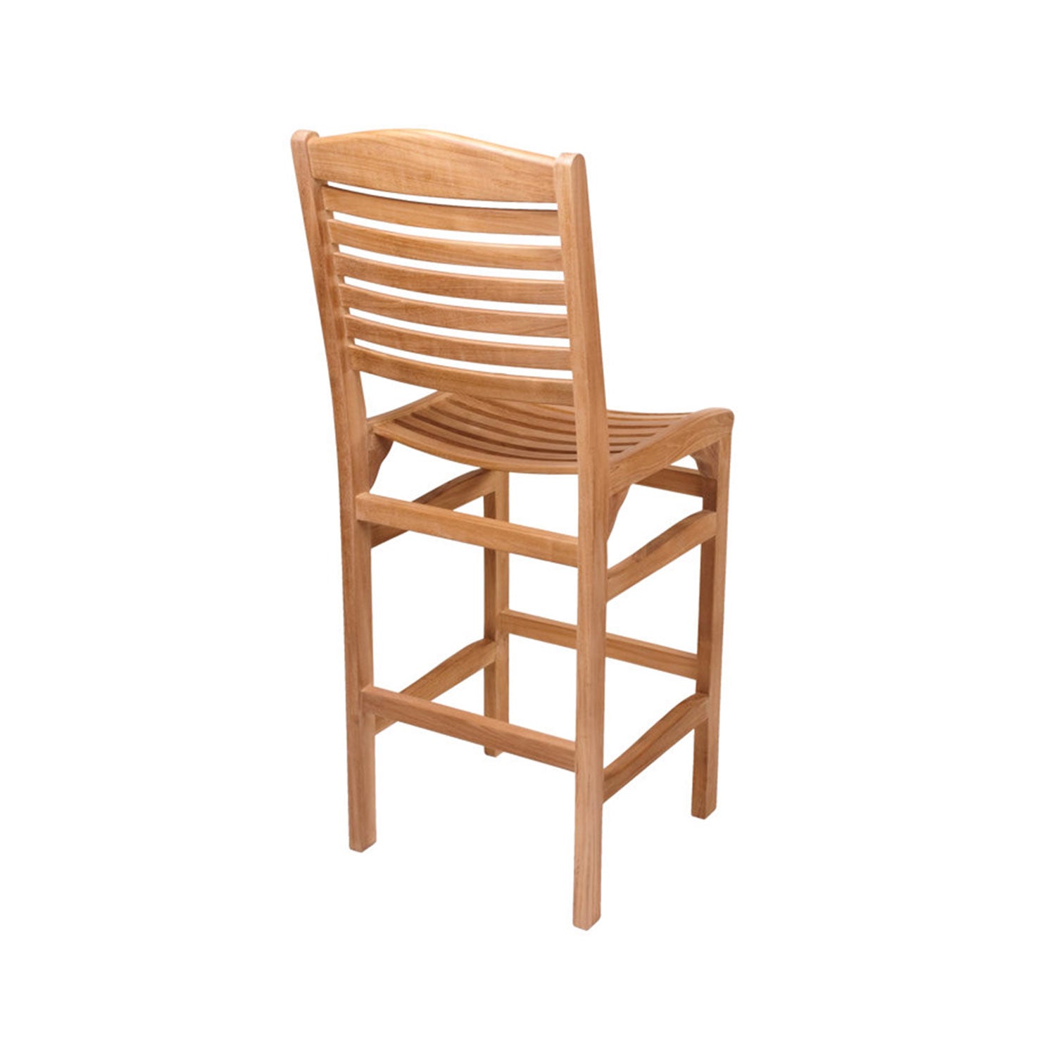 Rear three-quarter view of a teak armless outdoor bar stool in natural finish, featuring a curved slatted back and contoured slatted seat, solid wood square legs and multiple footrest rails for coastal patio seating.