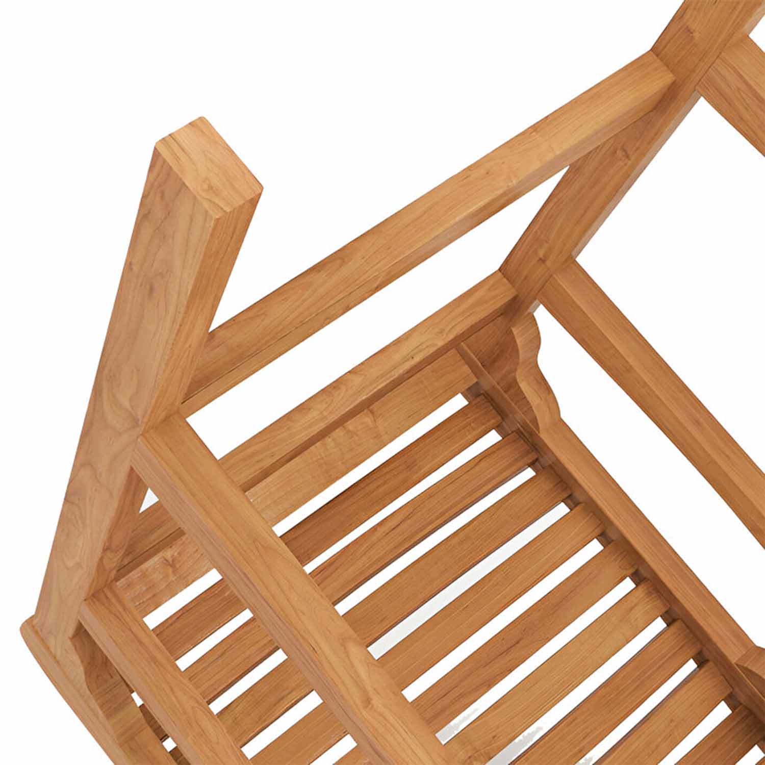 Close-up of a natural teak slatted seat and angled frame of an armless outdoor bar stool, highlighting the warm teak grain, solid wood slats and sturdy joinery in a coastal finish.
