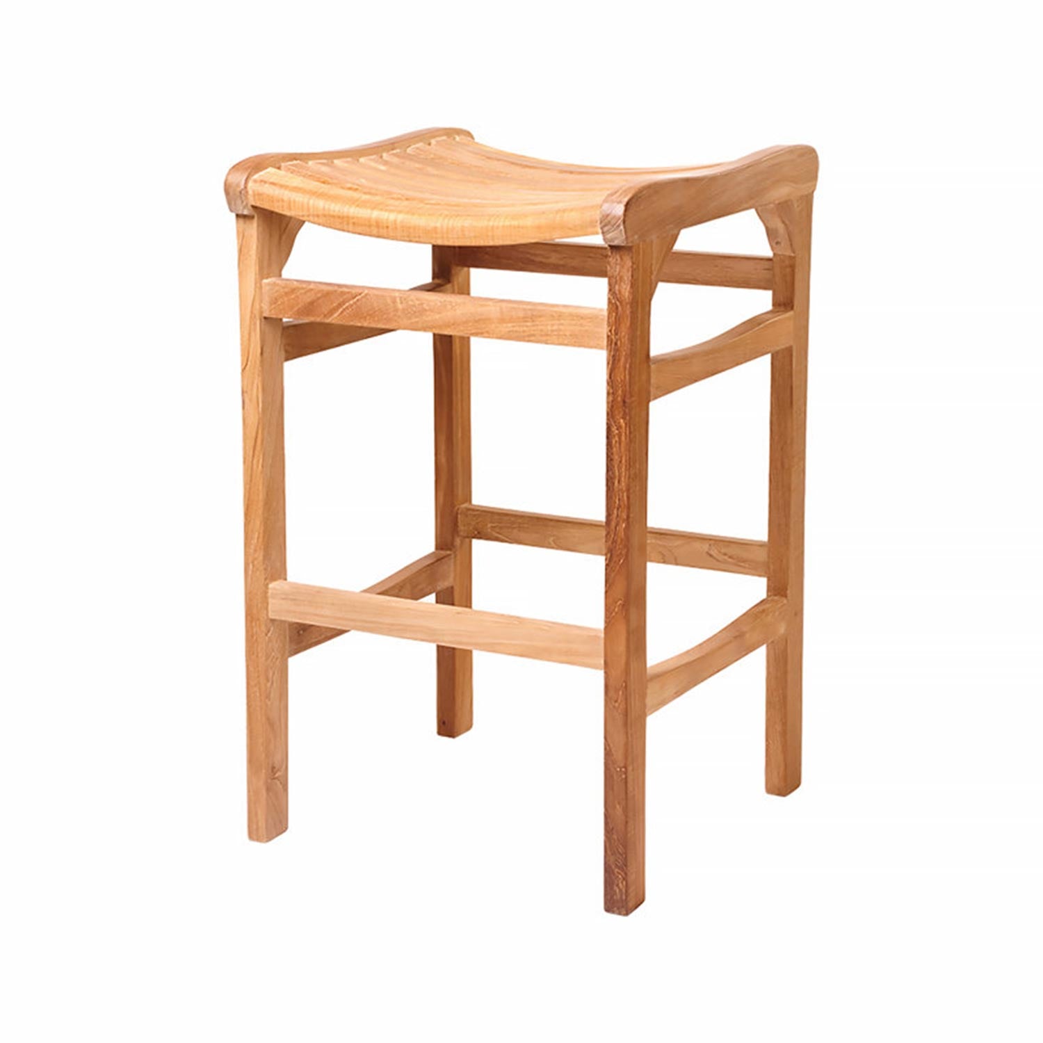 Backless teak bar stool in coastal style with a gently curved slatted seat, square frame and built-in footrest in a natural teak finish, shown on a white background.