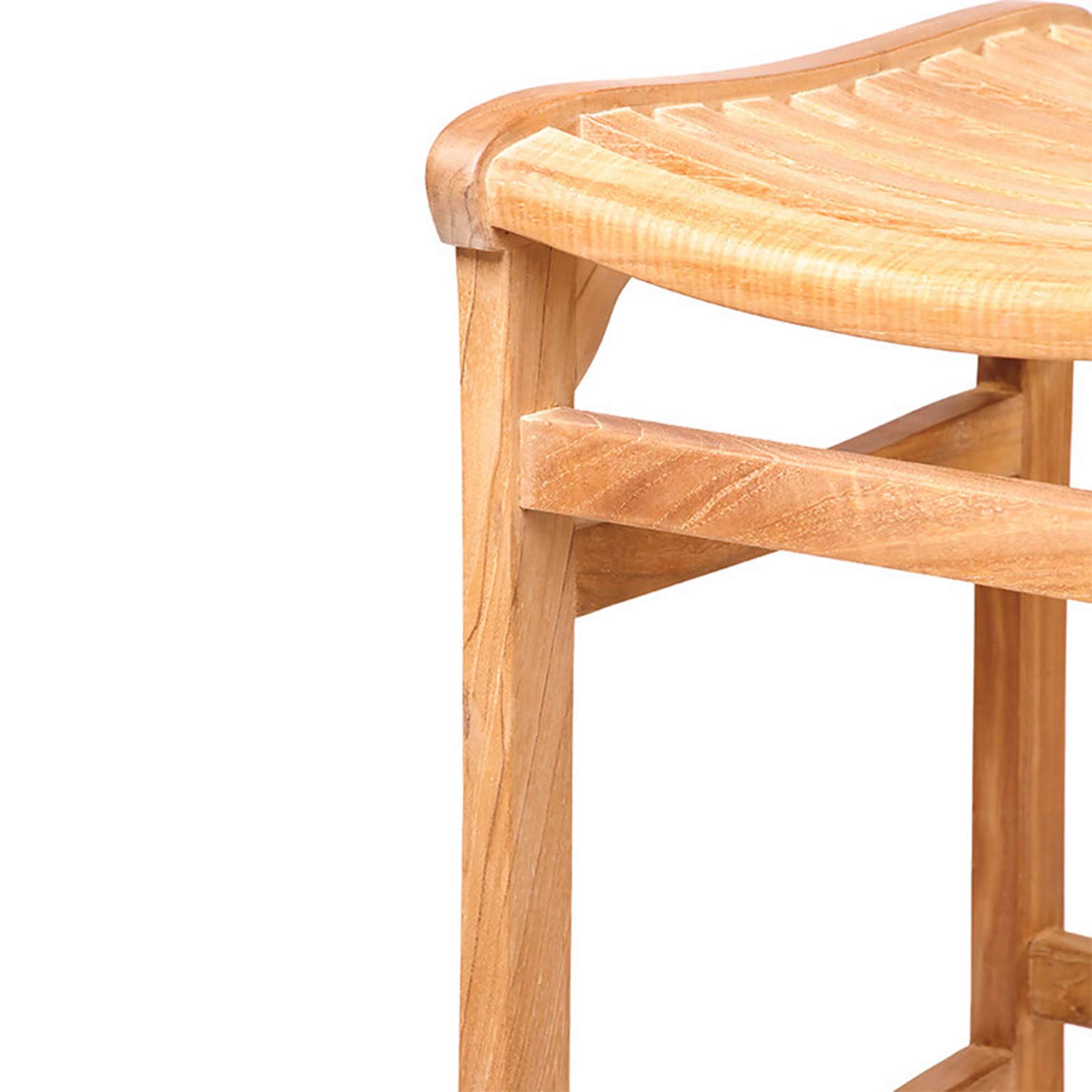 Close-up of a natural teak backless outdoor bar stool showing the curved slatted seat edge, smooth rounded top and sturdy square legs with a horizontal support stretcher.