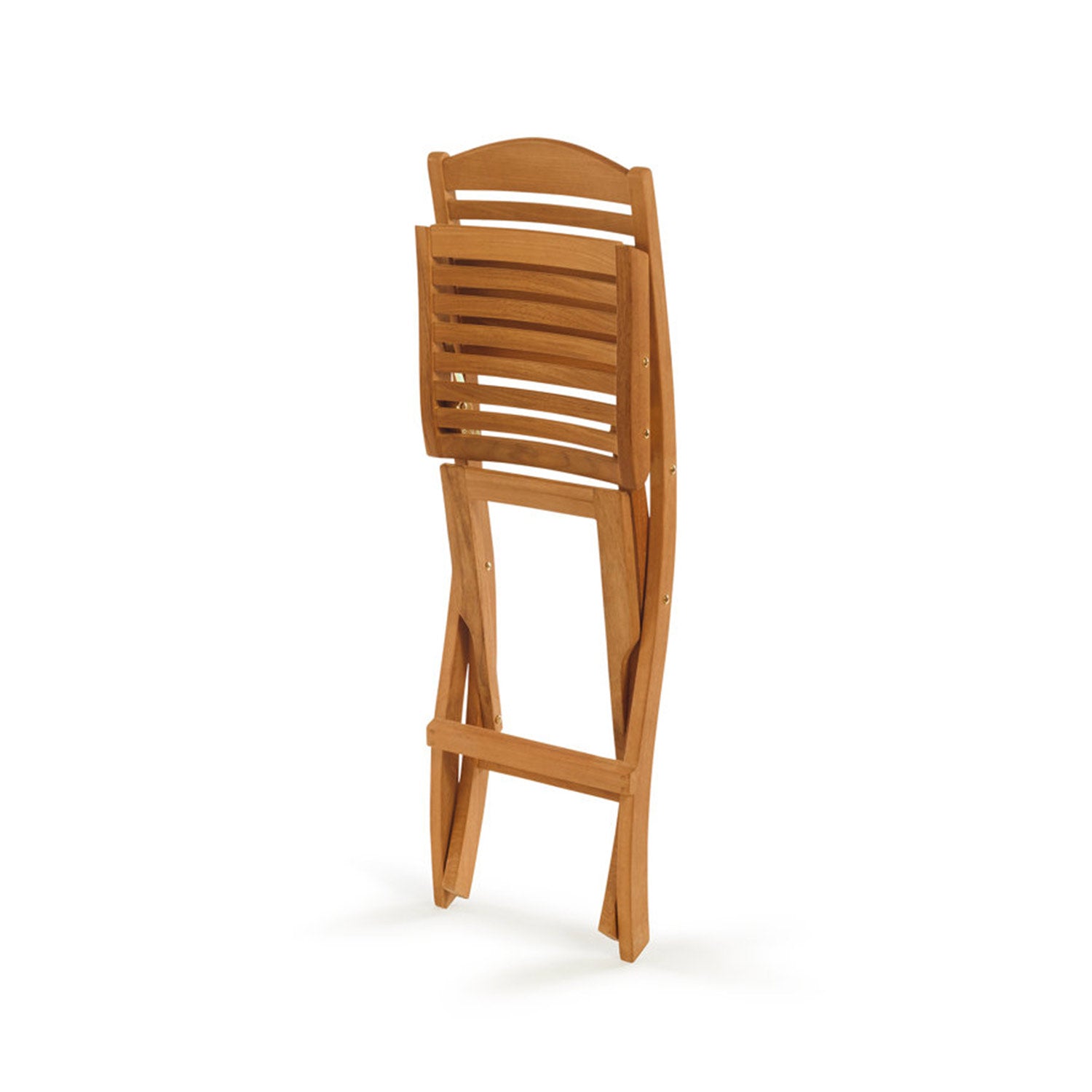Folded armless teak outdoor bar stool with slatted back and footrest in a natural finish, solid wood construction shown standing folded against a white background.