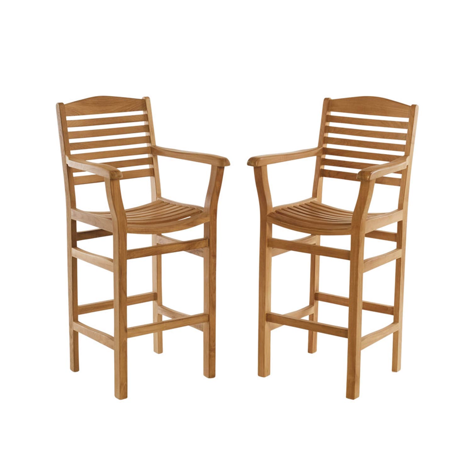 Pair of natural teak outdoor bar stools with slatted seats and backs, curved armrests and integrated footrests in a coastal style, shown against a white background.