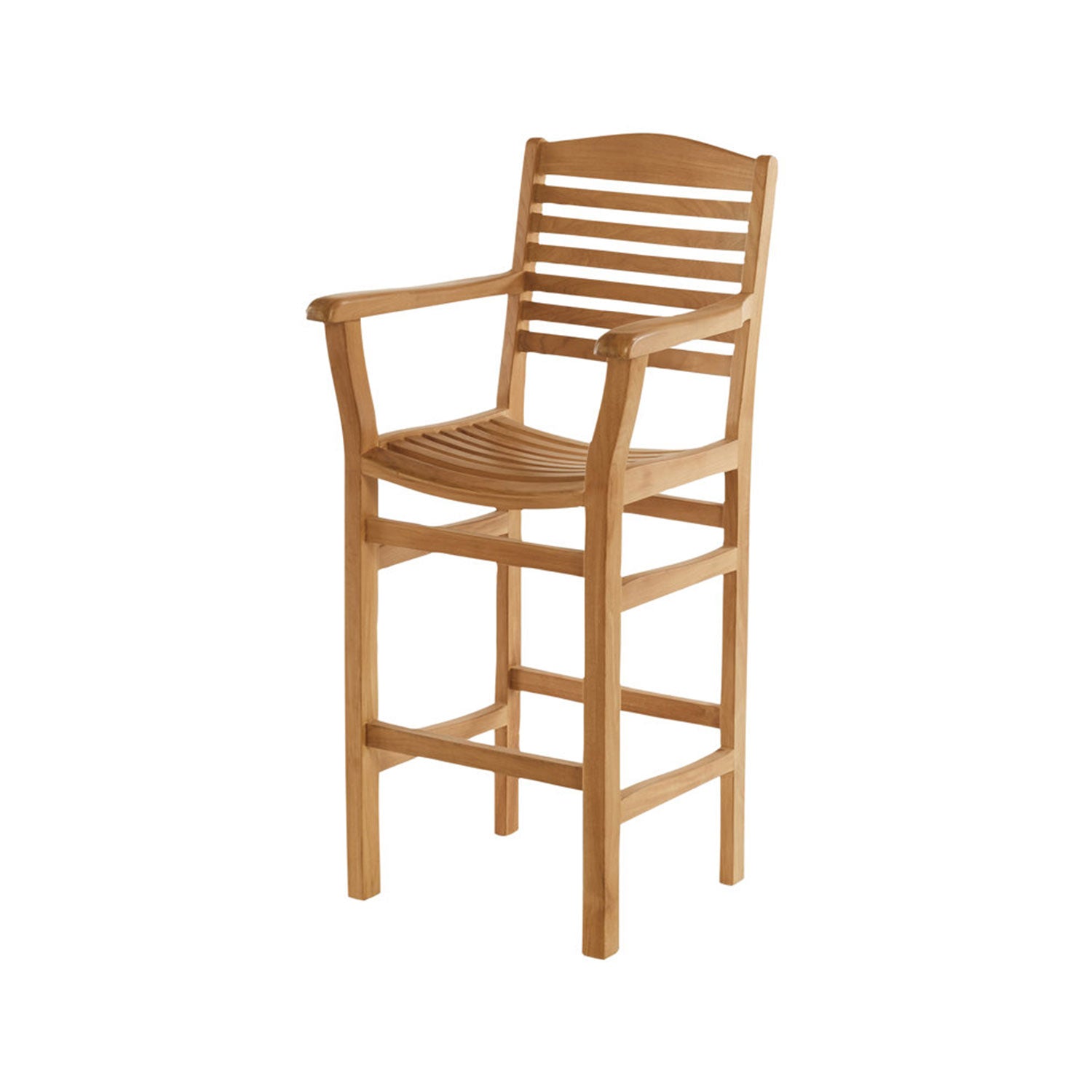 Natural teak outdoor bar stool with slatted back and contoured slatted seat, integrated armrests and footrest in a warm teak finish shown against a white background.