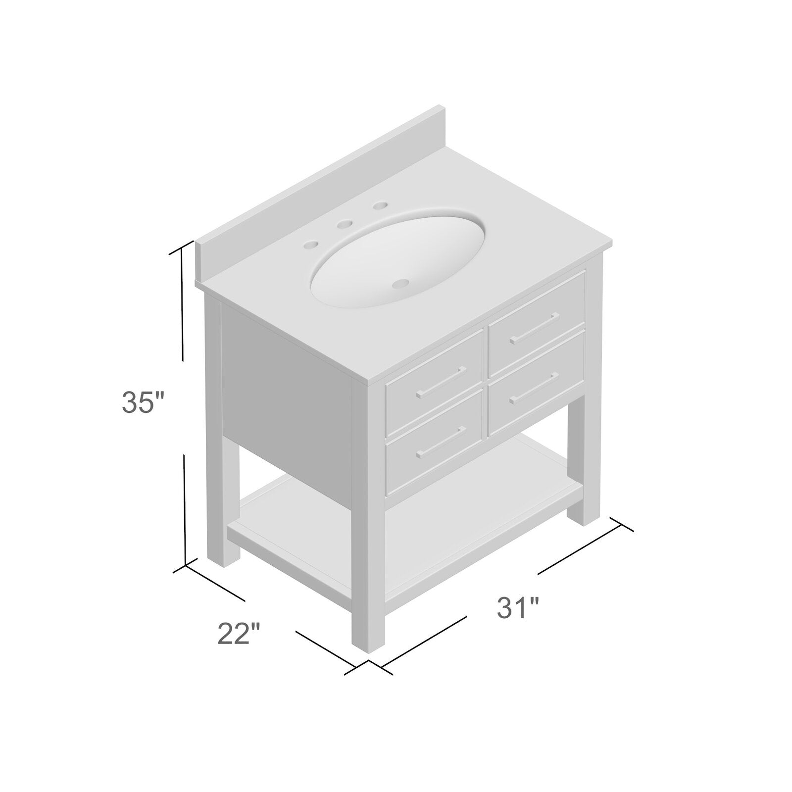 Isometric diagram of a modern solid wood bathroom vanity in stone finish with oval ceramic sink and backsplash; features four front drawers, open lower shelf and labeled dimensions 35 in H x 31 in W x 22 in D.