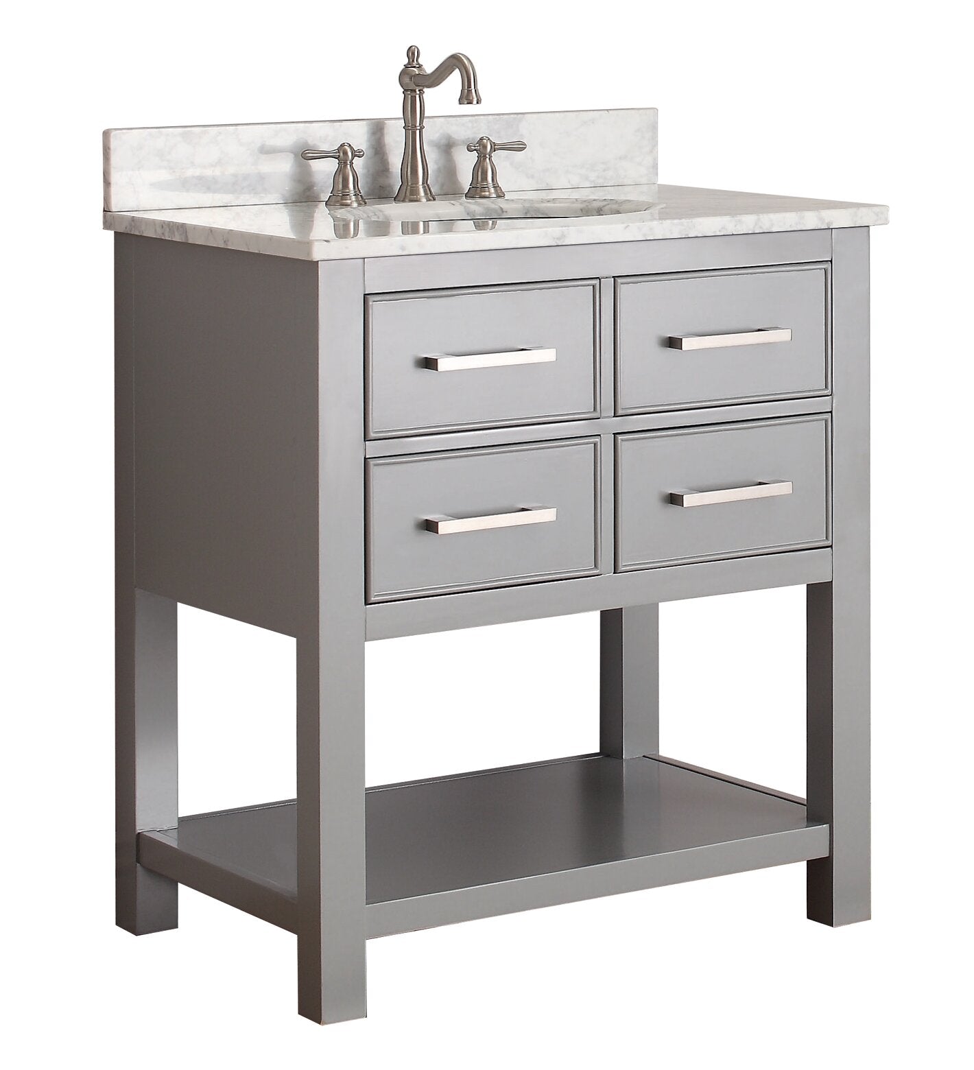 Freestanding modern bathroom vanity in stone-gray solid wood with a stone countertop and backsplash, single ceramic undermount sink, brushed-nickel faucet, four drawers with rectangular bar pulls and an open lower shelf.