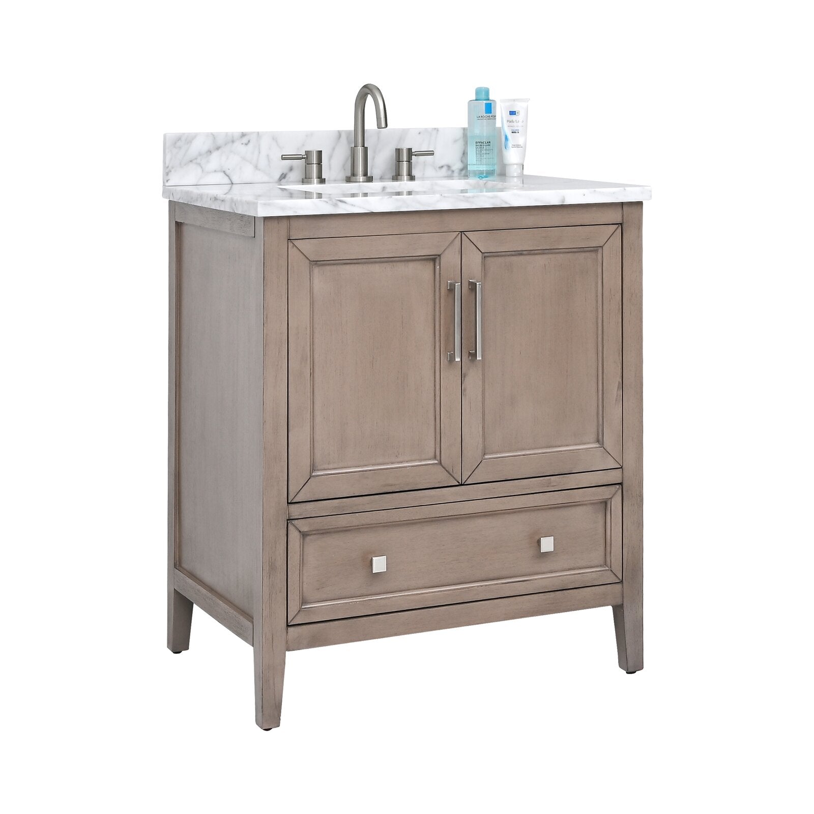 Freestanding modern solid wood 31-inch bathroom vanity in stone finish with a white marble-look stone top and backsplash, integrated ceramic sink, brushed nickel faucet and hardware, two doors and a lower storage drawer.