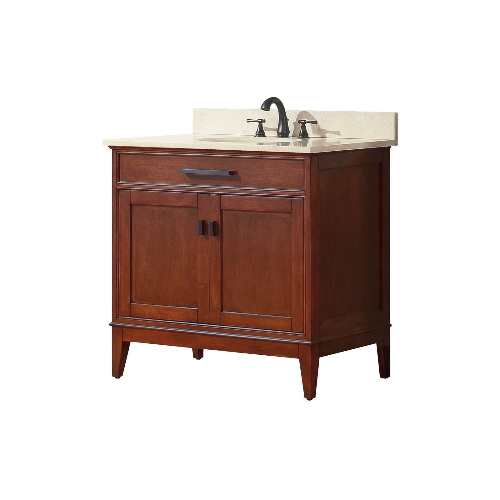 Freestanding 37-inch modern solid wood bathroom vanity in warm brown with a stone countertop and integrated single ceramic sink, matte black faucet and hardware, shaker-style cabinet doors and tapered legs.